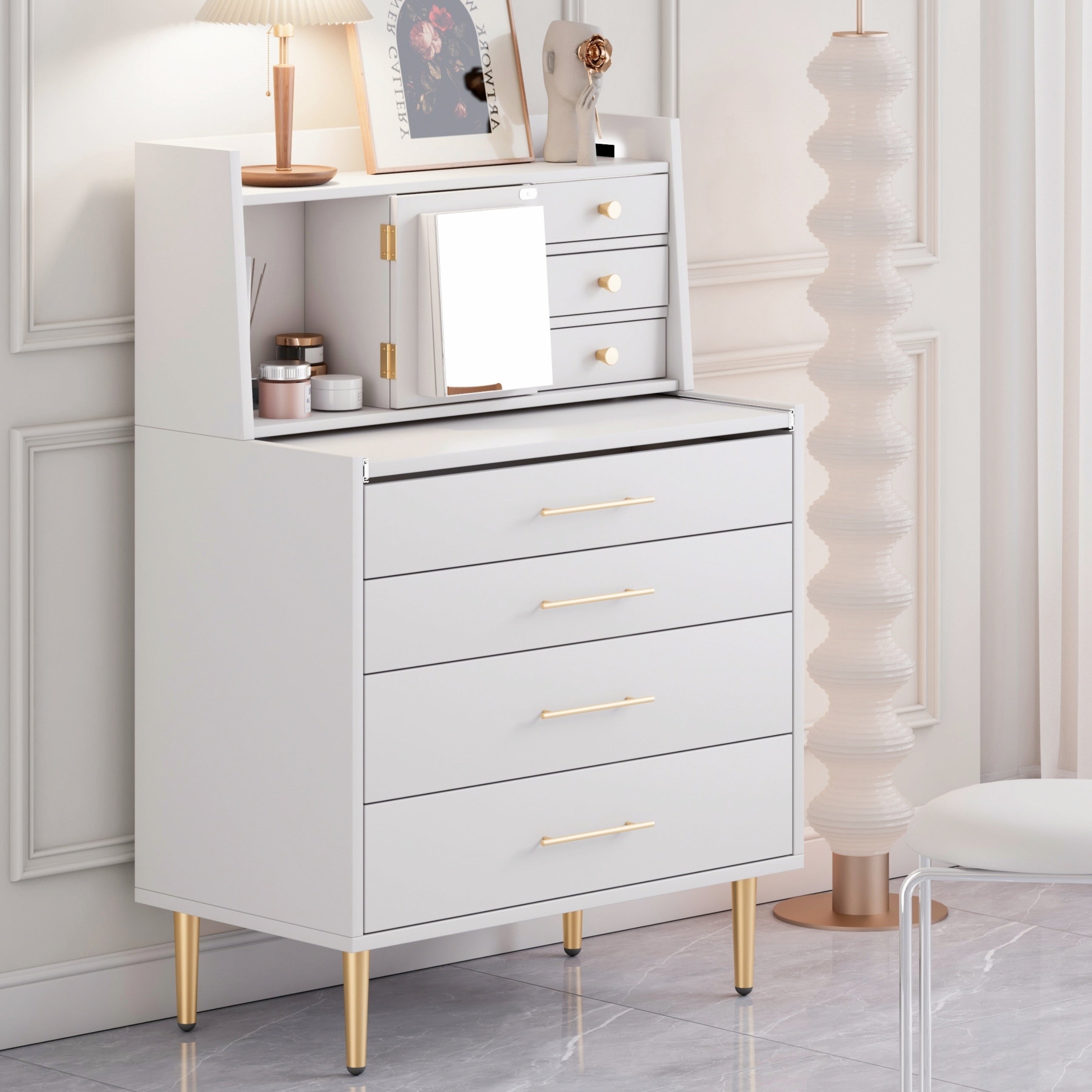 Vanity Makeup Table with Mirror and Dresser Table; Storage Dresser for Bedroom with 7 Drawers and Hidden Storage - - 37777008 - Mycitystee