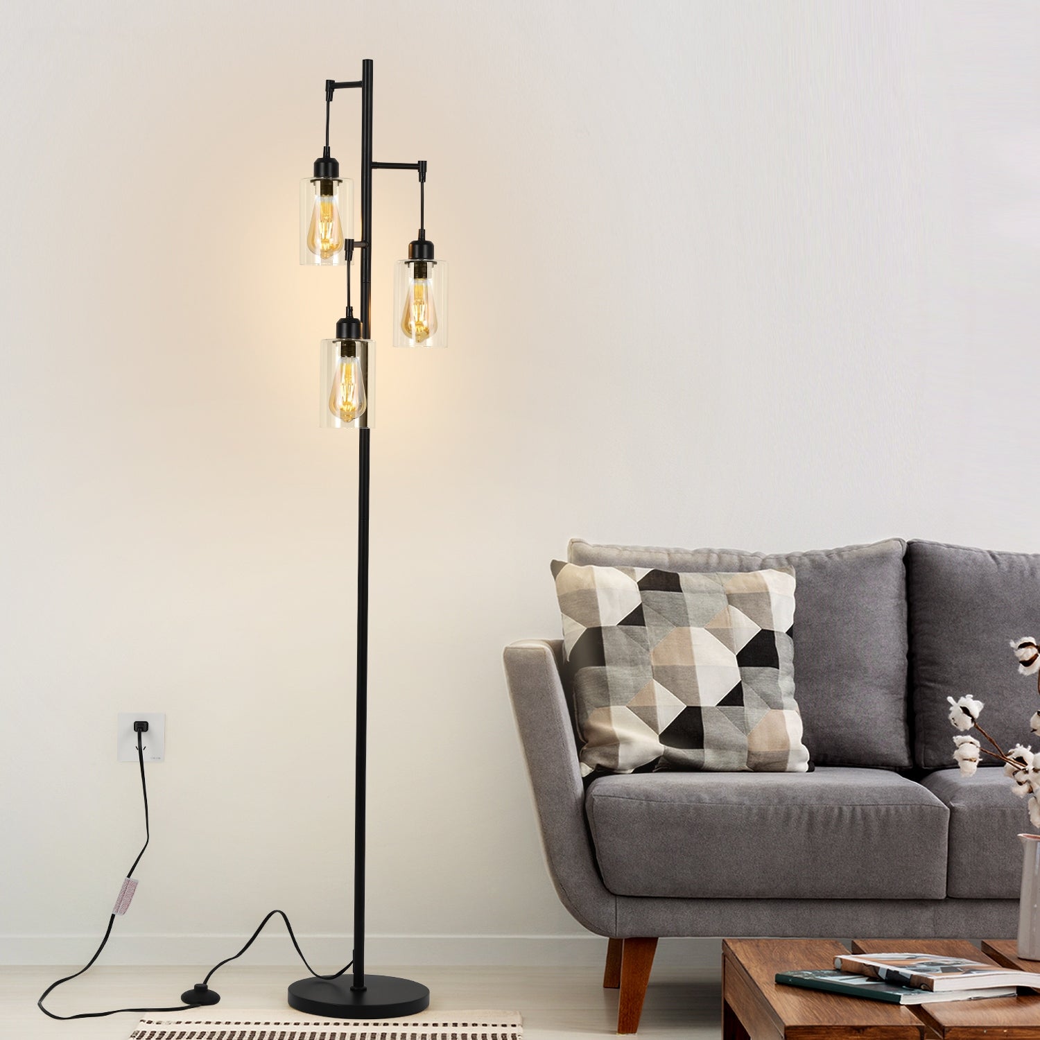 Tree Floor Lamp with 3 Hanging Bubble Glass Shade - Black - Mycitystee