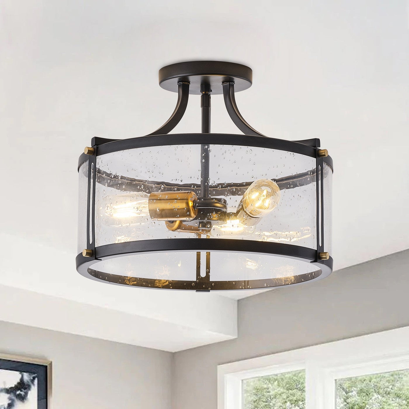 Farmhouse Matte Black 3-Light Semi Flush Mount Ceiling Lighting Fixture with Drum Seeded Glass Shade - Mycitystee