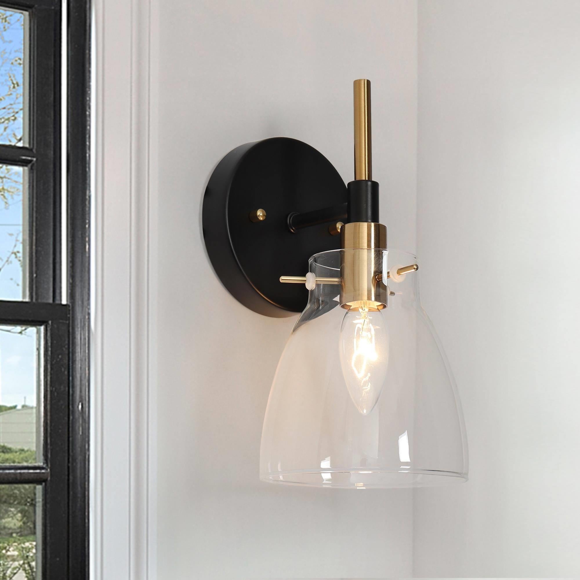 Modern 1-Light Glass Black Gold Wall Sconce Dimmable Bathroom Vanity Lights - Mycitystee