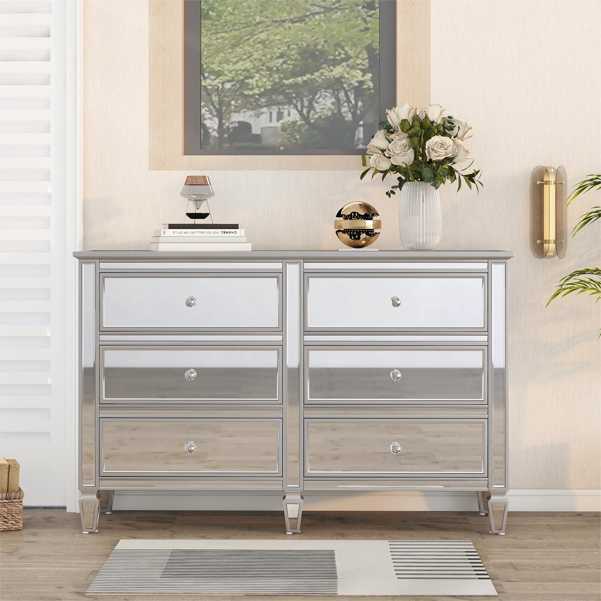 Elegant Mirrored Dresser with 6 Drawers，Modern Silver Finished Dresser - - 36543840 - Mycitystee