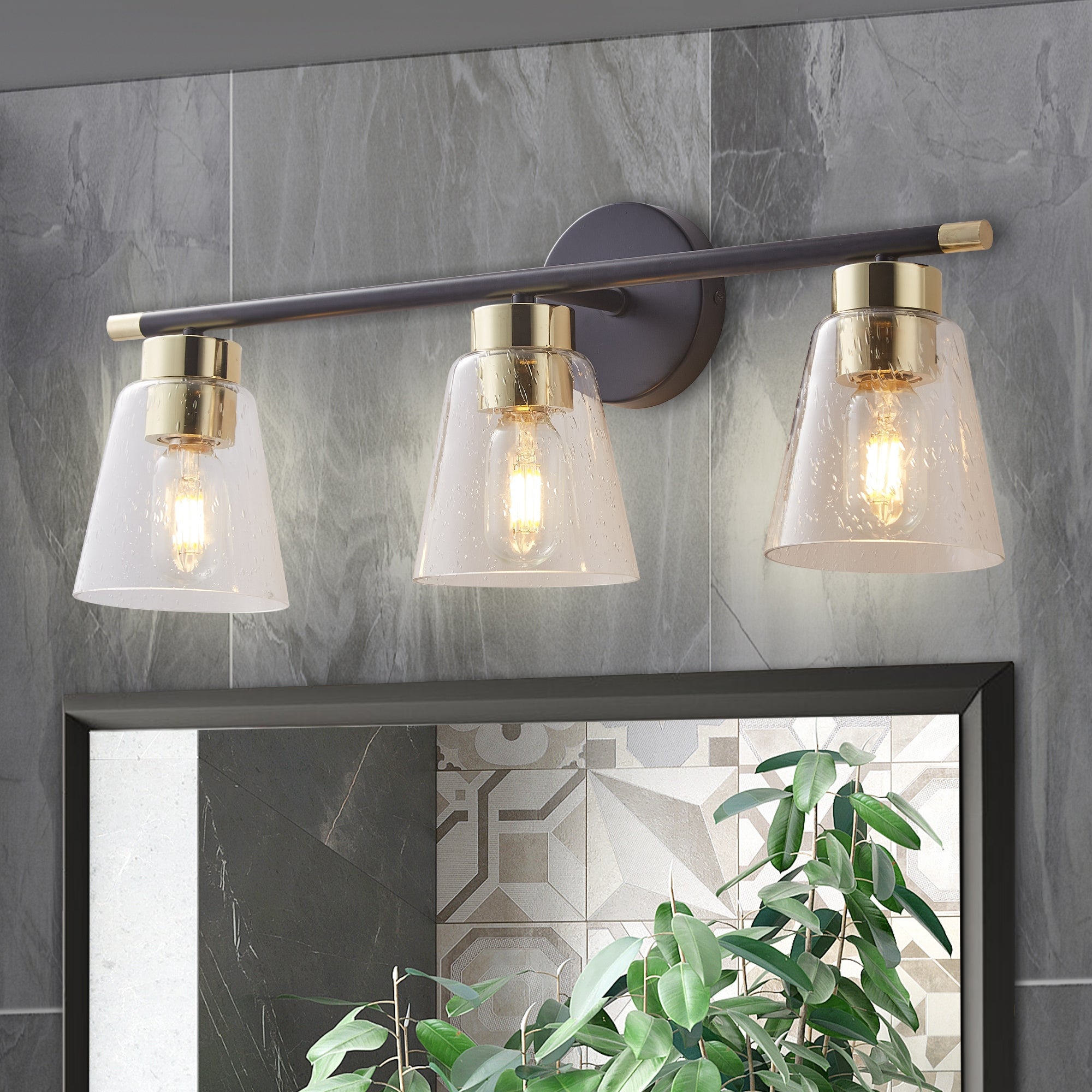 ExBrite 3-light Bathroom Dimmable Gold Vanity Lights Modern Wall Sconce Lighting with Seeded Glass - Mycitystee