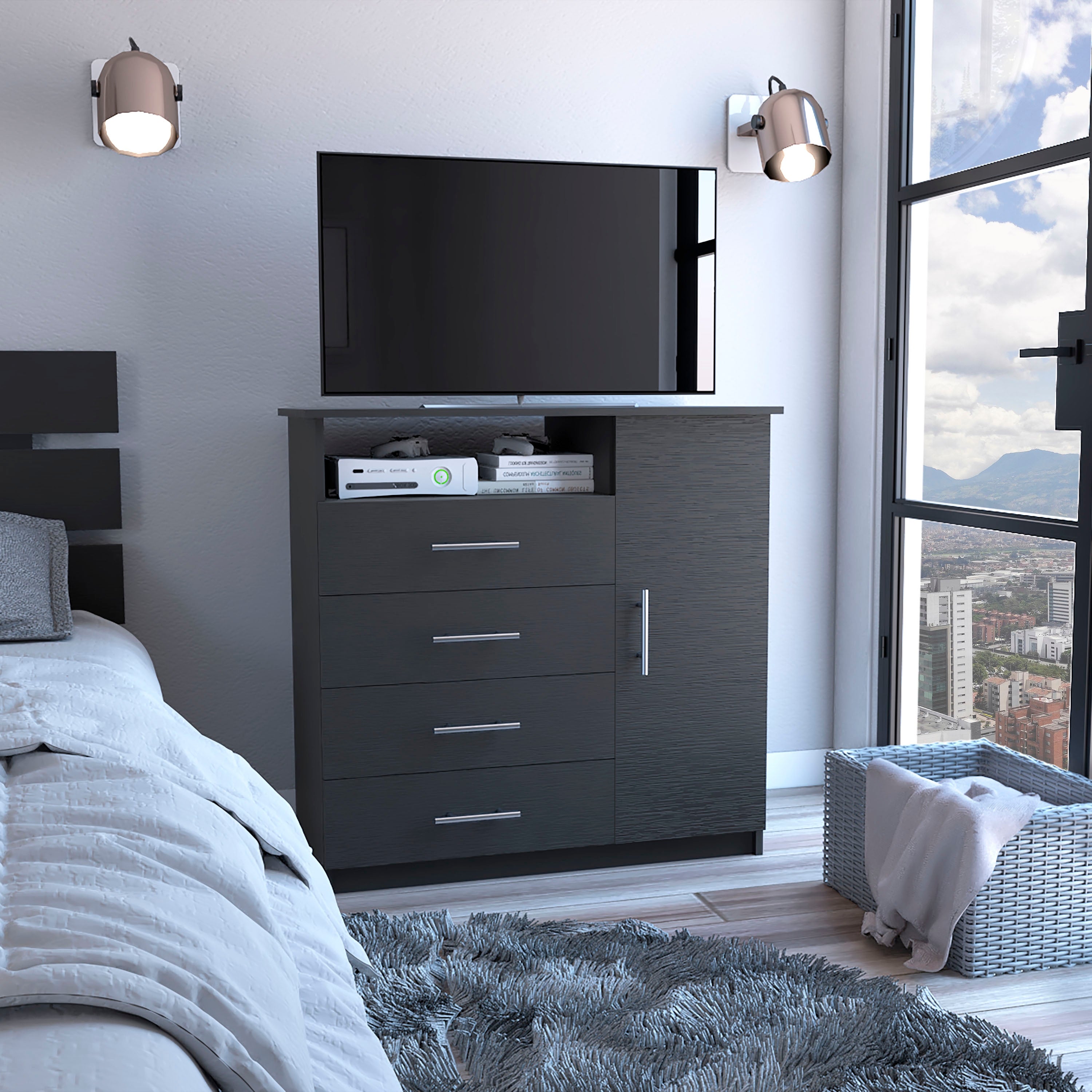 TUHOME Peru 4 Drawer Dresser with Vertical Cupboard and Open Shelf - - 28593604 - Mycitystee