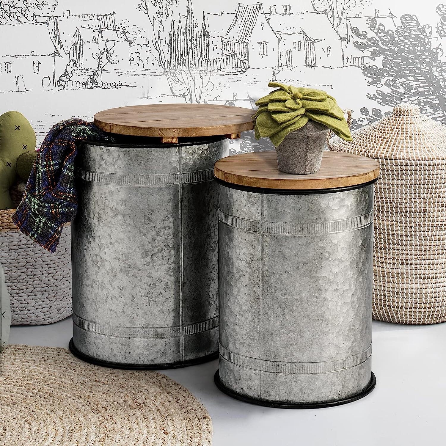AOXUN Farmhouse Decor End Table Rustic Galvanized Side Coffee Table - Mycitystee