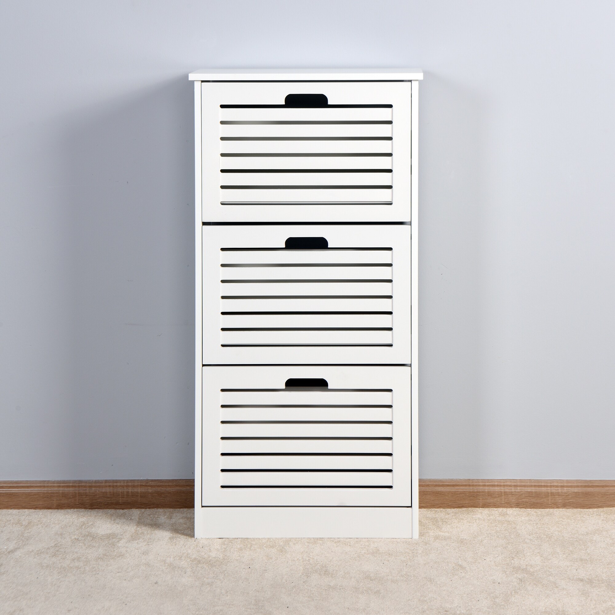 Wooden Shoe Cabinet，White Shoe Storage Cabinet with 3 Flip Doors - - 35256190 - Mycitystee