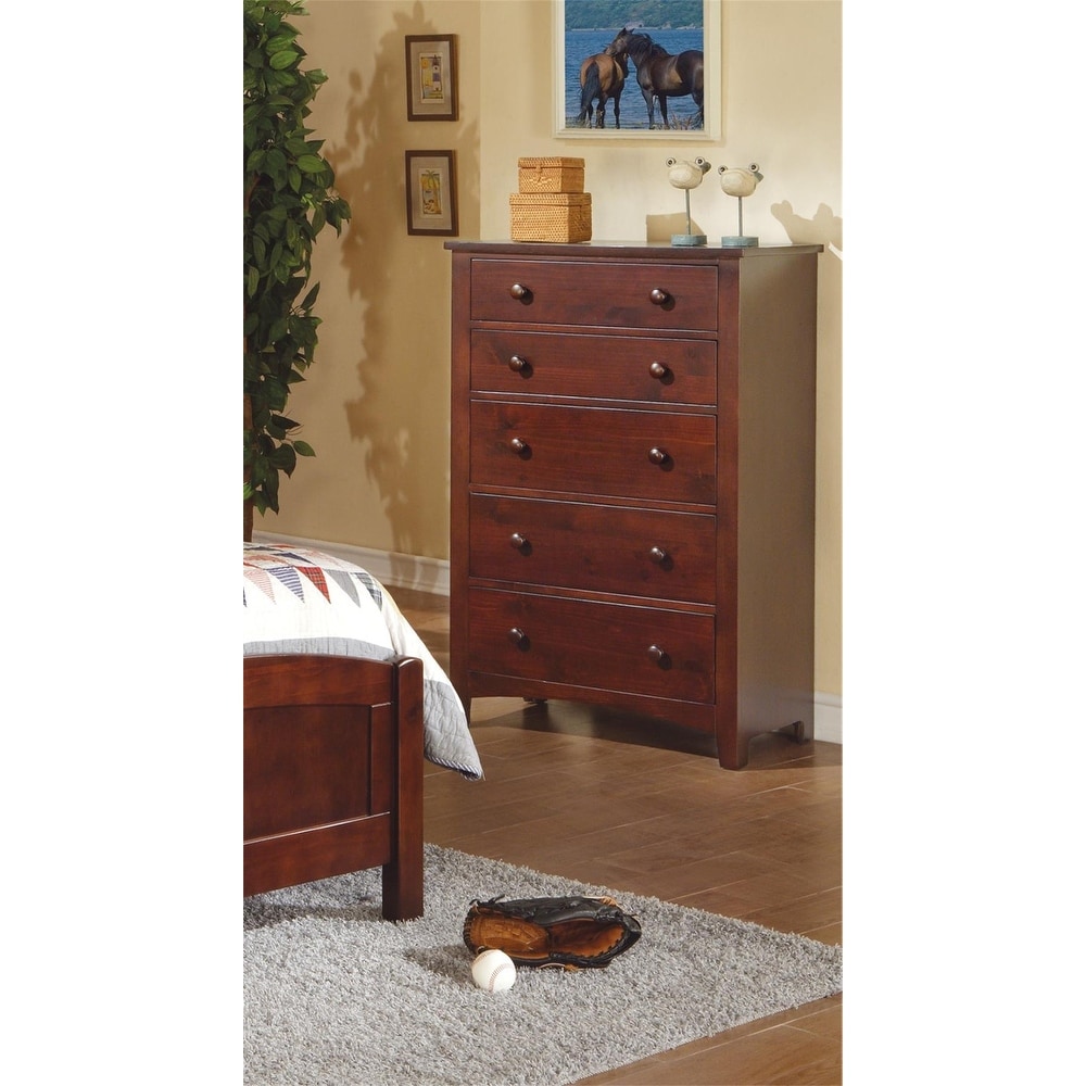 Modern Dark Oak Finish Chest of 5 Drawers， Pine Wood Tall Chest - - 35648718 - Mycitystee