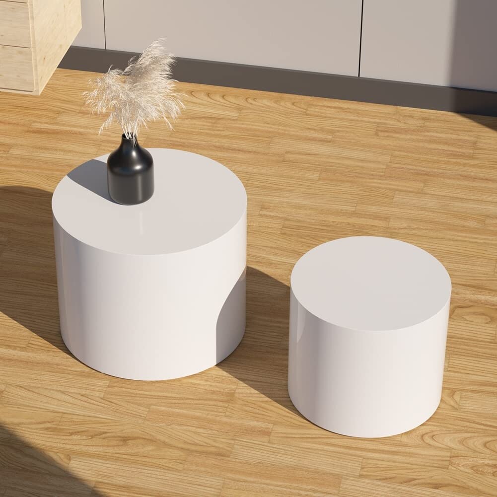 Coffee Tables Set of 2 Small Coffee Table Round End Table Wood Circle Coffee Table Set Side Table for Living Room (White) - Mycitystee