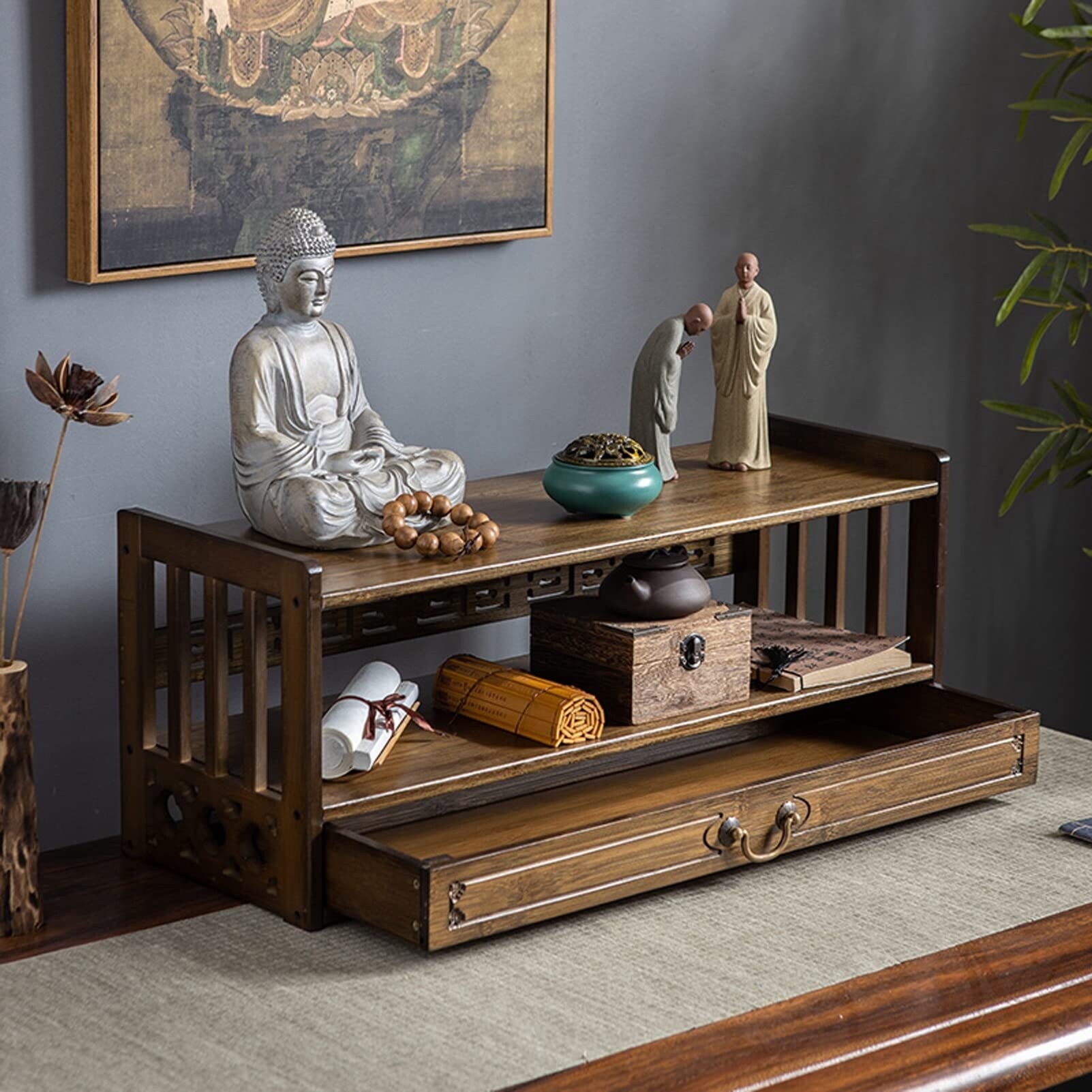 3-Tier Altar Table for Spiritual Puja with Drawer Top Storage Meditation Living Room Oriental Style Coffee Cabinet Natural - Mycitystee