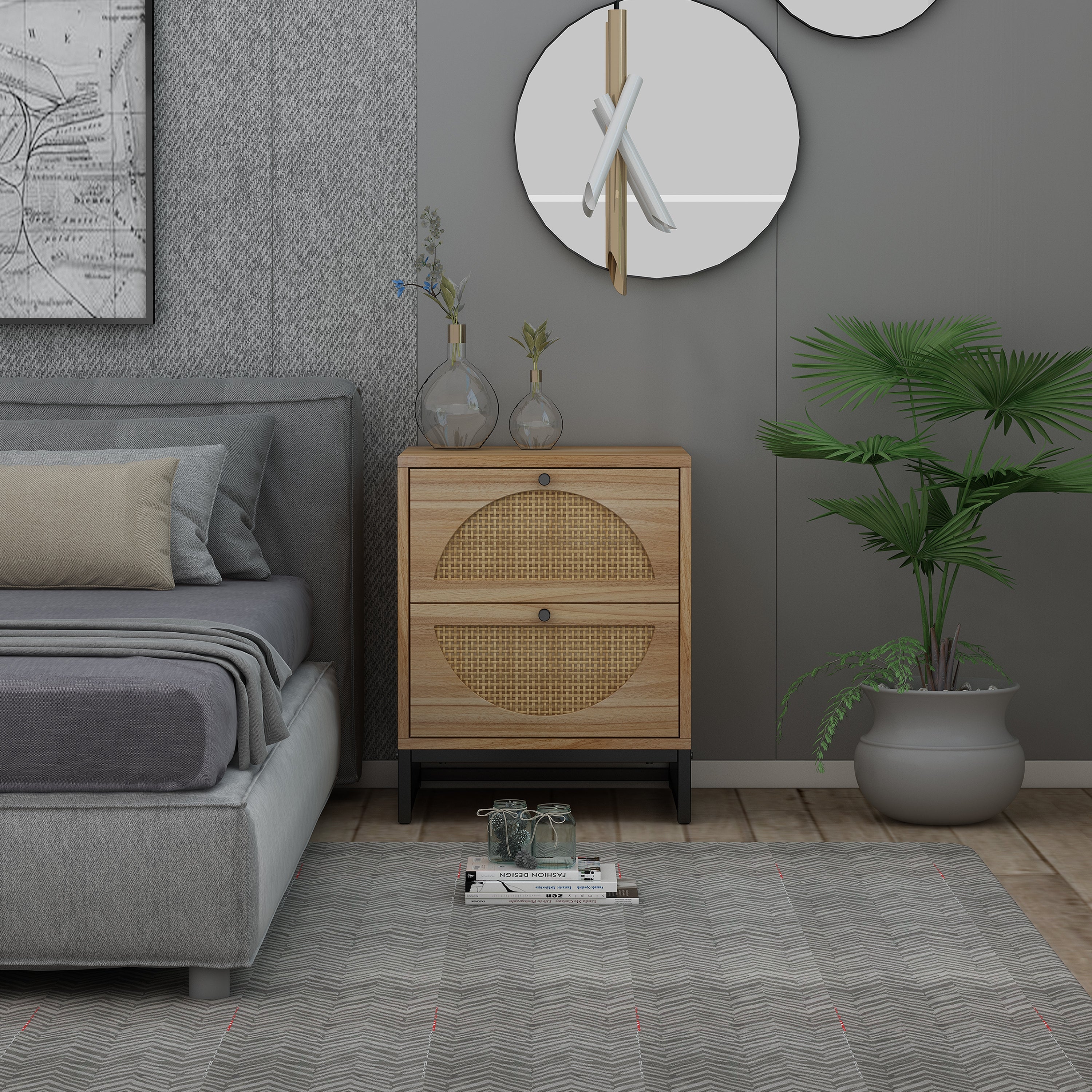 Natural Rattan Nightstand Side Table Display Rack for Bedroom - Mycitystee