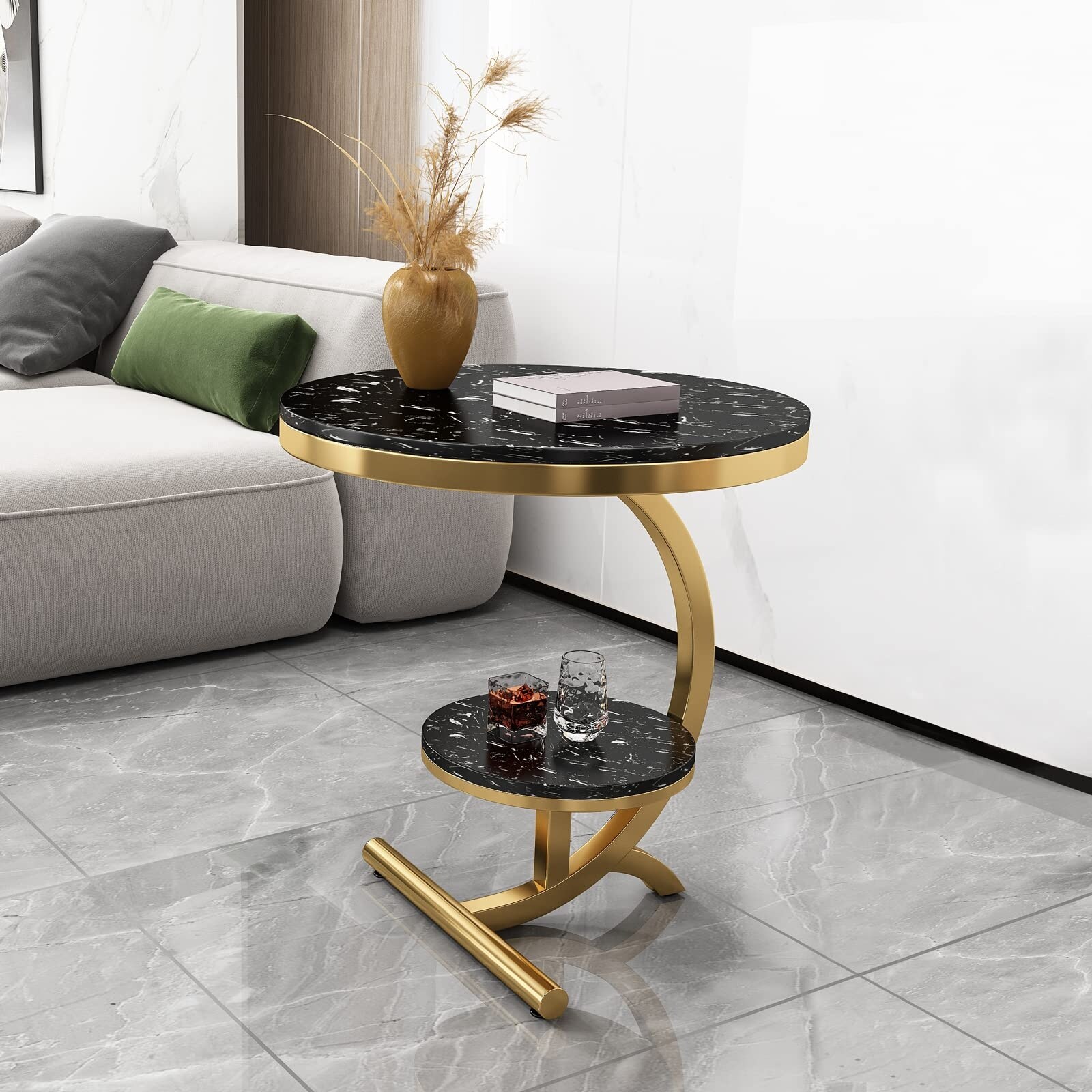 Luxury Marble End Table Decor and More Round Coffee Table with Storage Shelf for Home and Living Room - as picture - Mycitystee