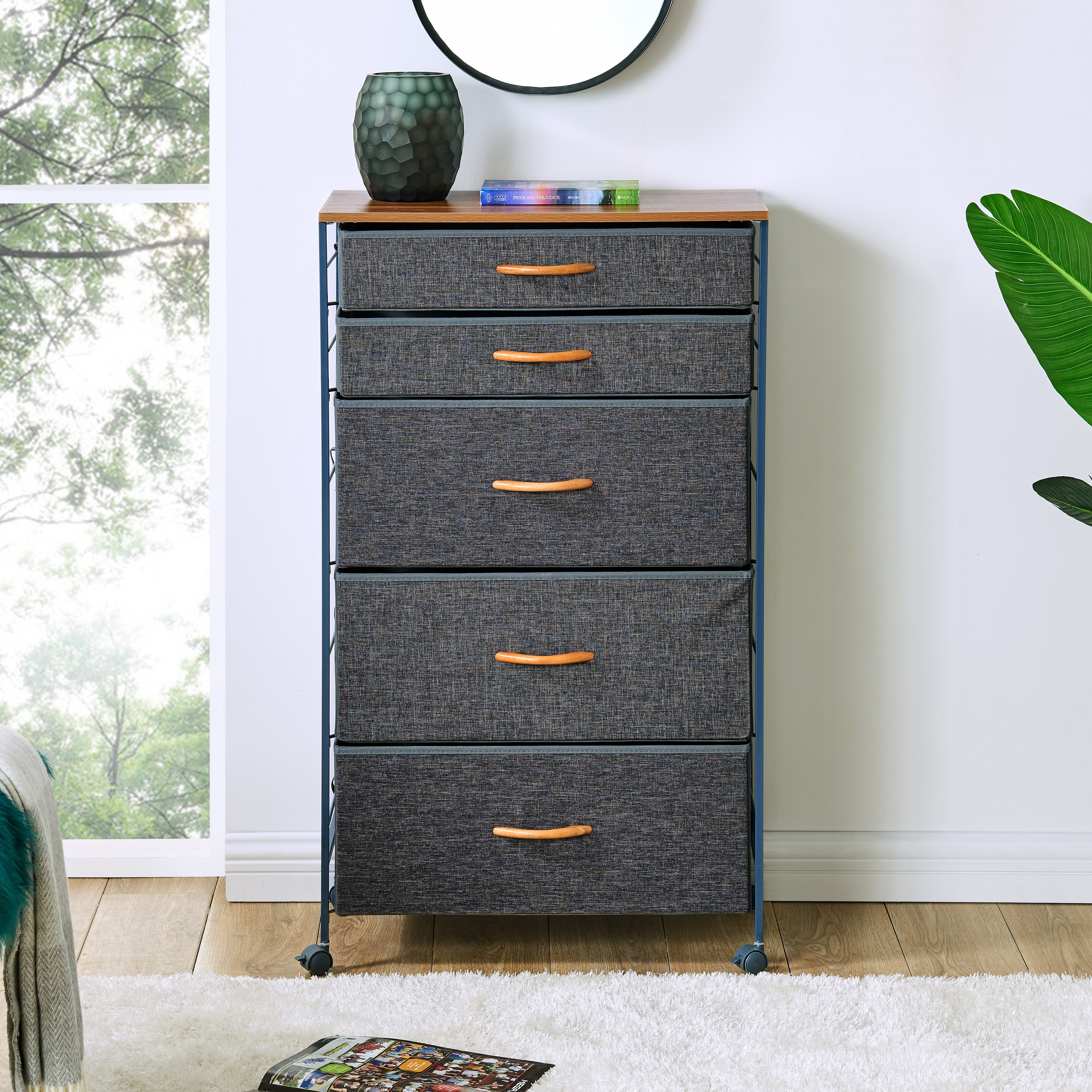 Danya B. Fabric 5-Drawer Storage Dresser Chest with Steel Frame and Caster Wheels - - 28981501 - Mycitystee