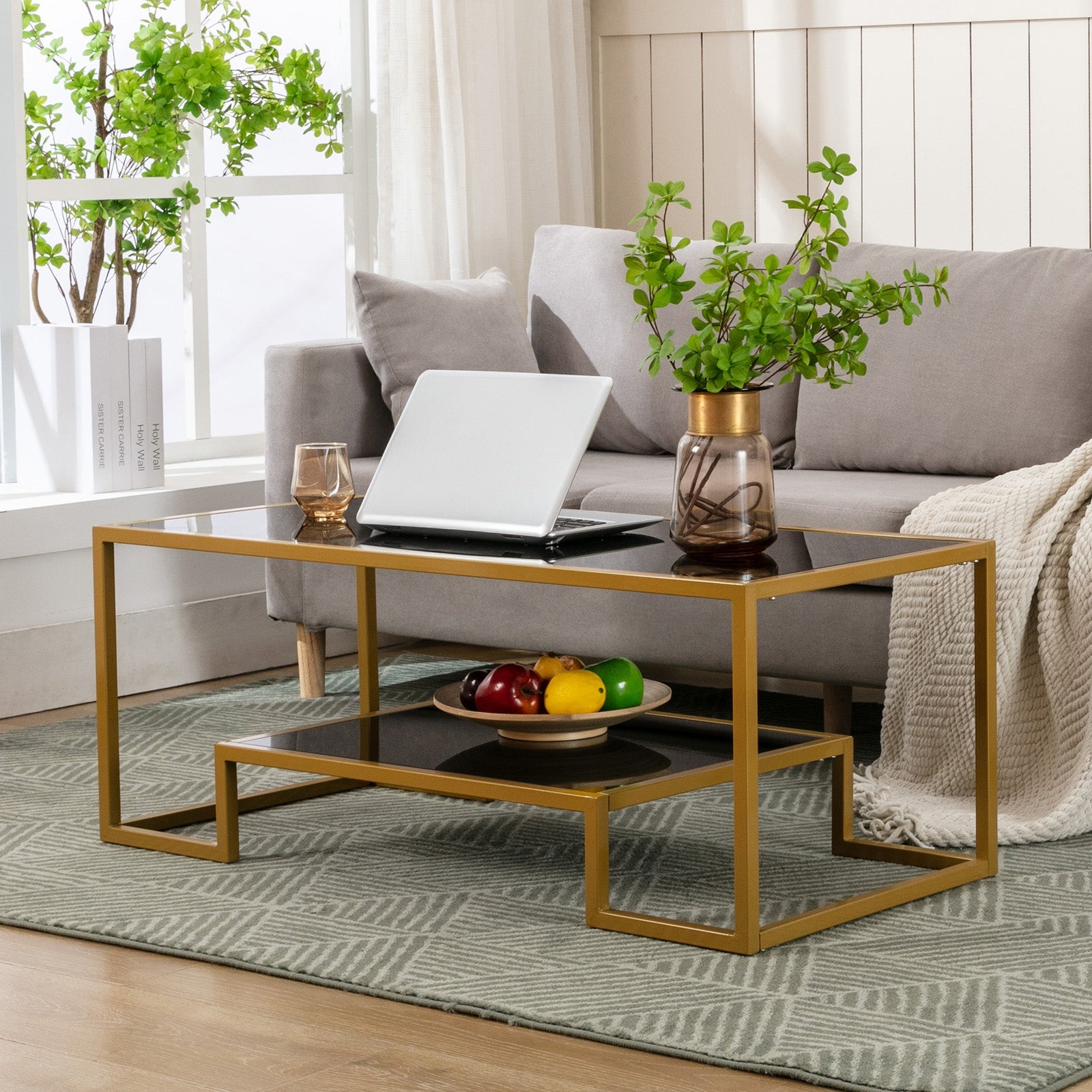 Rectangle Black Glass Coffee Table Gold Metal Frame with Shelf - Mycitystee
