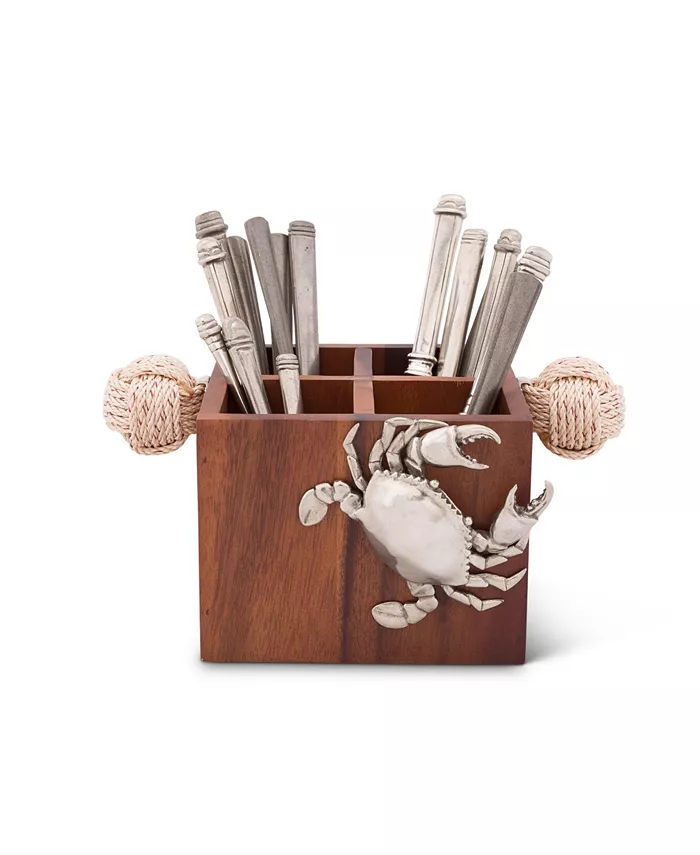 Vagabond House Caddy Square Acacia Wood Flatware， Serve Ware， Utensil， Carry-All Holder with Solid Pewter Crab Accent and Real Rope Handles， 4 Compart - Mycitystee