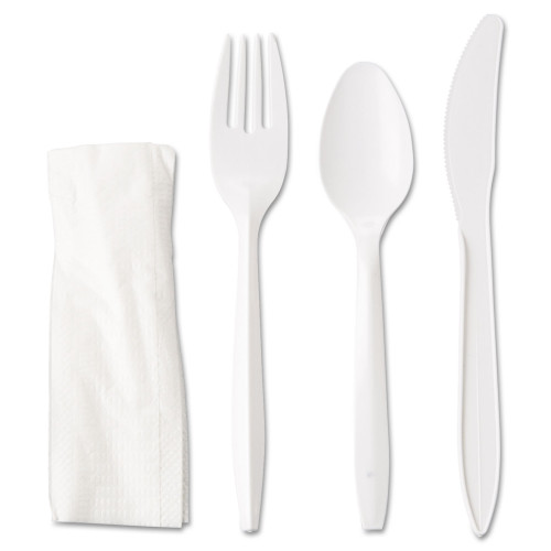 GEN Wrapped Cutlery Kit， Fork/Knife/Spoon/Napkin， Mediumweight， Polypropylene Plastic， White， 250/Carton (4KITMW) - Mycitystee
