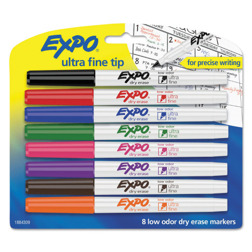 EXPO Low-Odor Dry-Erase Marker， Extra-Fine Needle Tip， Assorted Colors， 8/Set (1884309) - Mycitystee