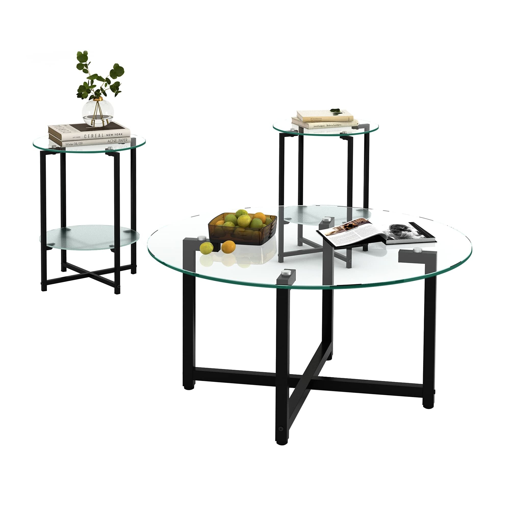 3 Piece Coffee Table Set， Includes 1 Round Coffee Table and 2 Small End Table Sofa Side Table， Living Room Table Set Table Set - Mycitystee
