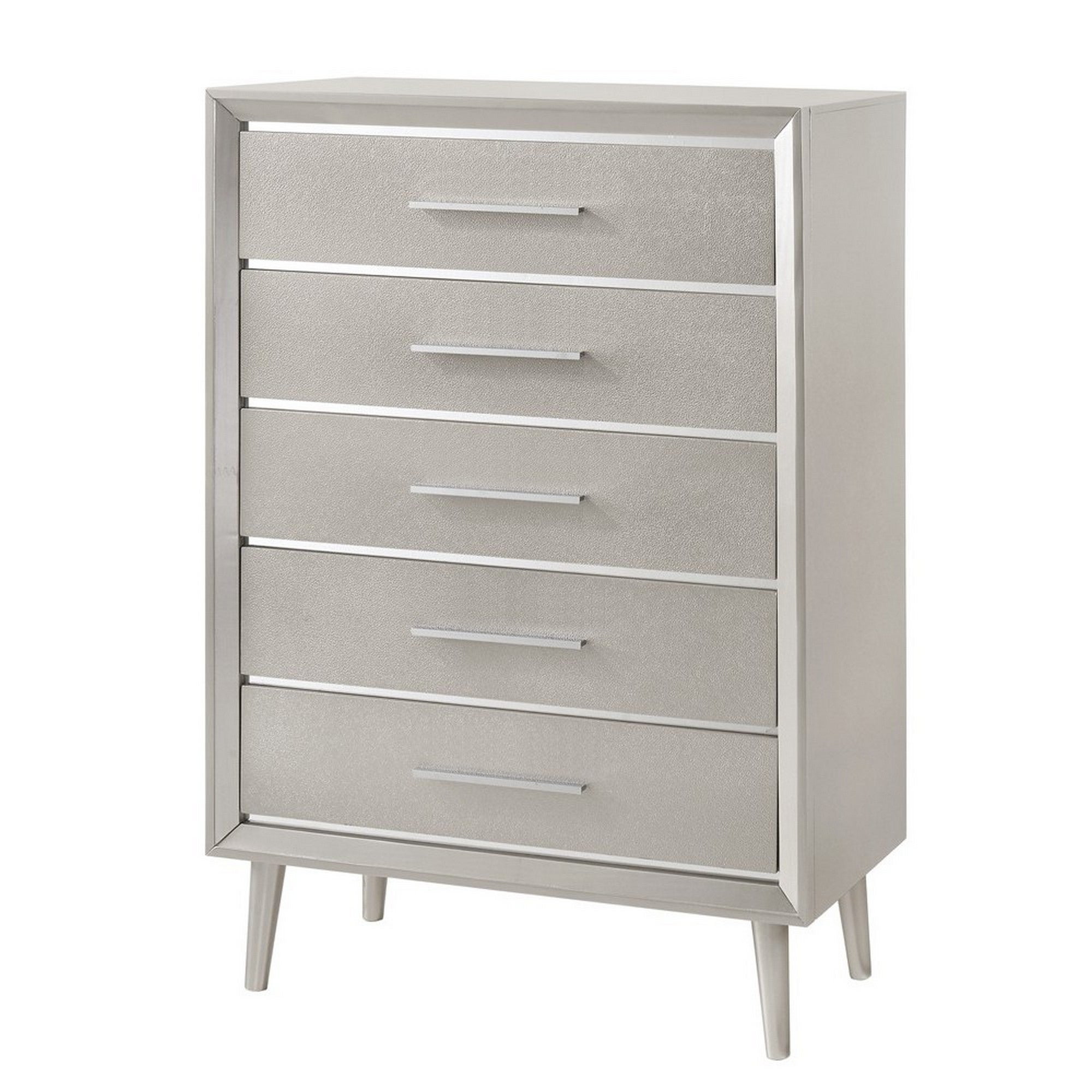 5 Drawer Contemporary Chest with Bar Handles and Splayed Legs， Silver - - 31294735 - Mycitystee
