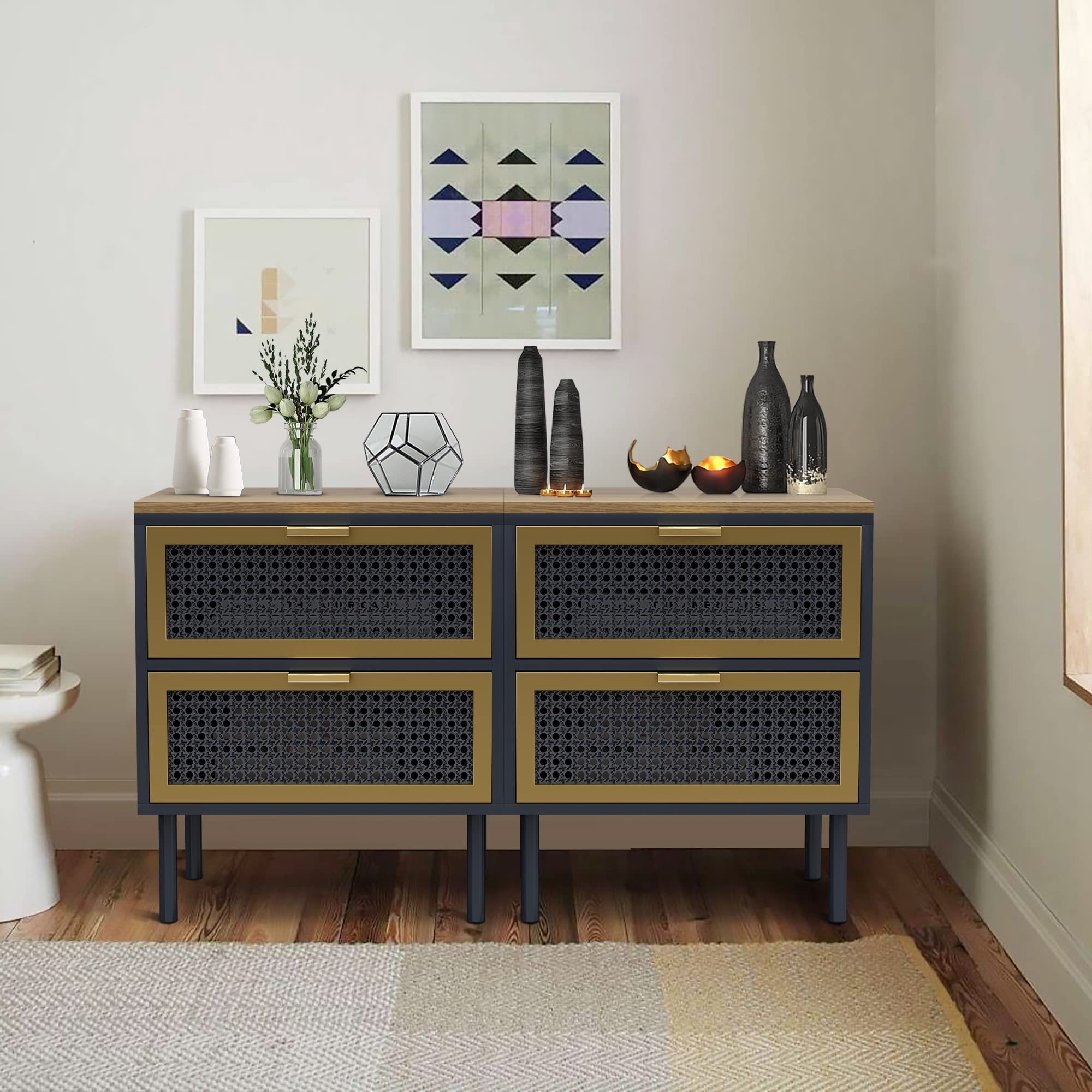 2 Drawer Dresser， Modern Rattan Dresser Chest with 2 Metal Rattan Decorated Drawers and Solid Wood Legs - as picture - - 37668975 - Mycitystee
