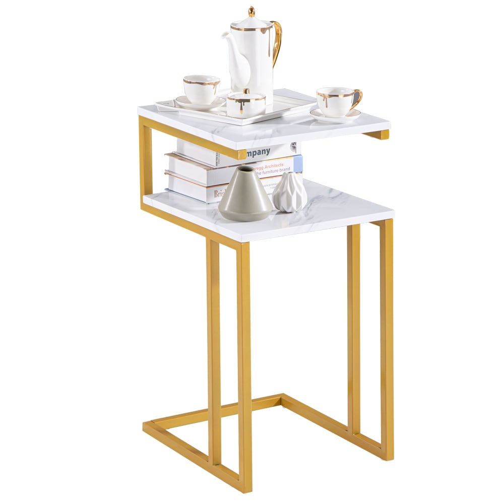 C-Type Side Table Double-Layer Gold Marble Sticker Modern Industrial End Table - Mycitystee