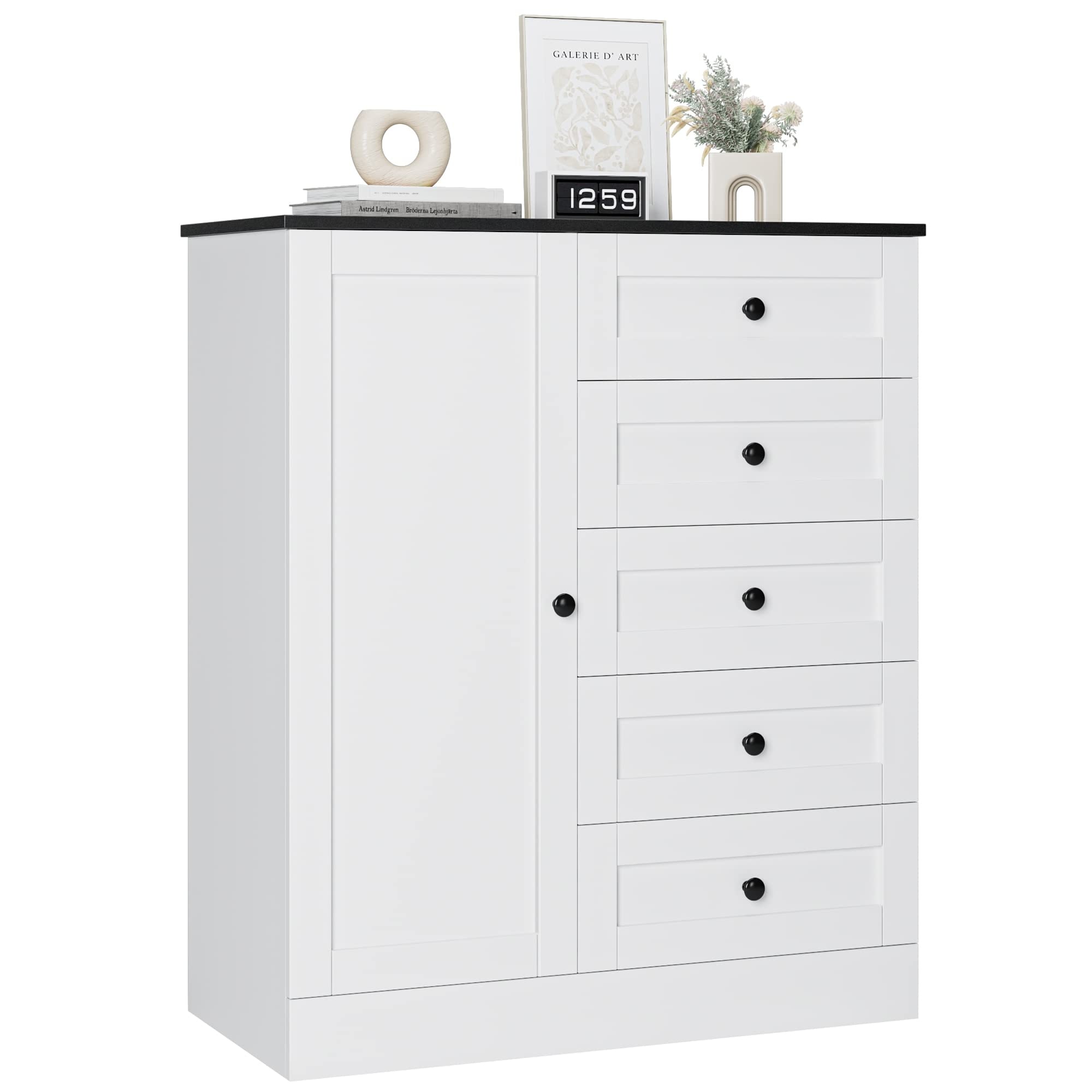 5 Drawer Dresser with Door， White Storage Cabinet with Drawers and Shelves， Modern Chest of Drawers Closet Organizers - - 37668247 - Mycitystee