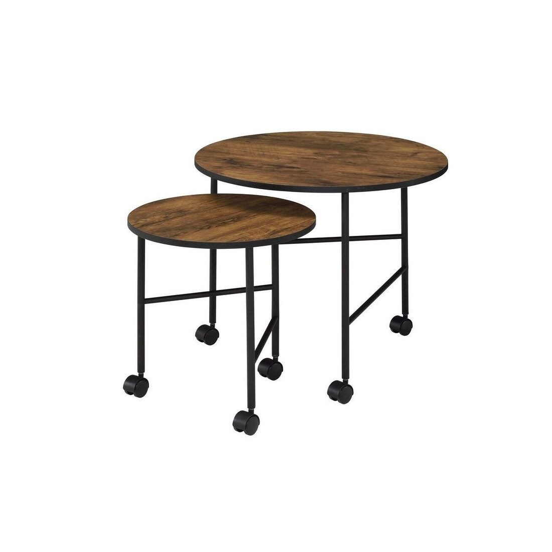 2 Piece Round Nesting End Table with Casters， Oak Brown and Black - 20 H x 23 W x 23 L Inches - Mycitystee