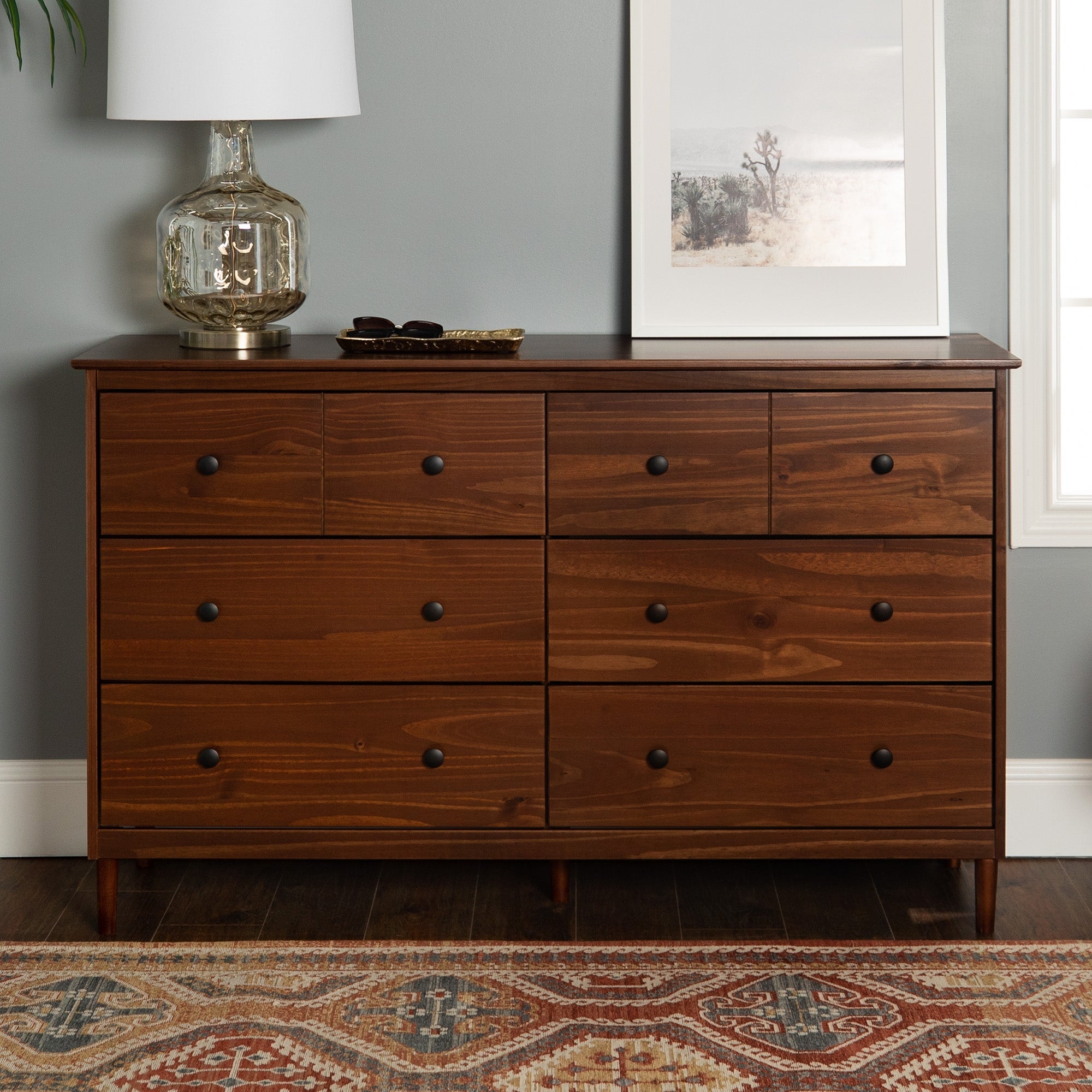 Classic Mid-Century Modern 6-Drawer Solid Wood Dresser， Walnut - - 36139322 - Mycitystee