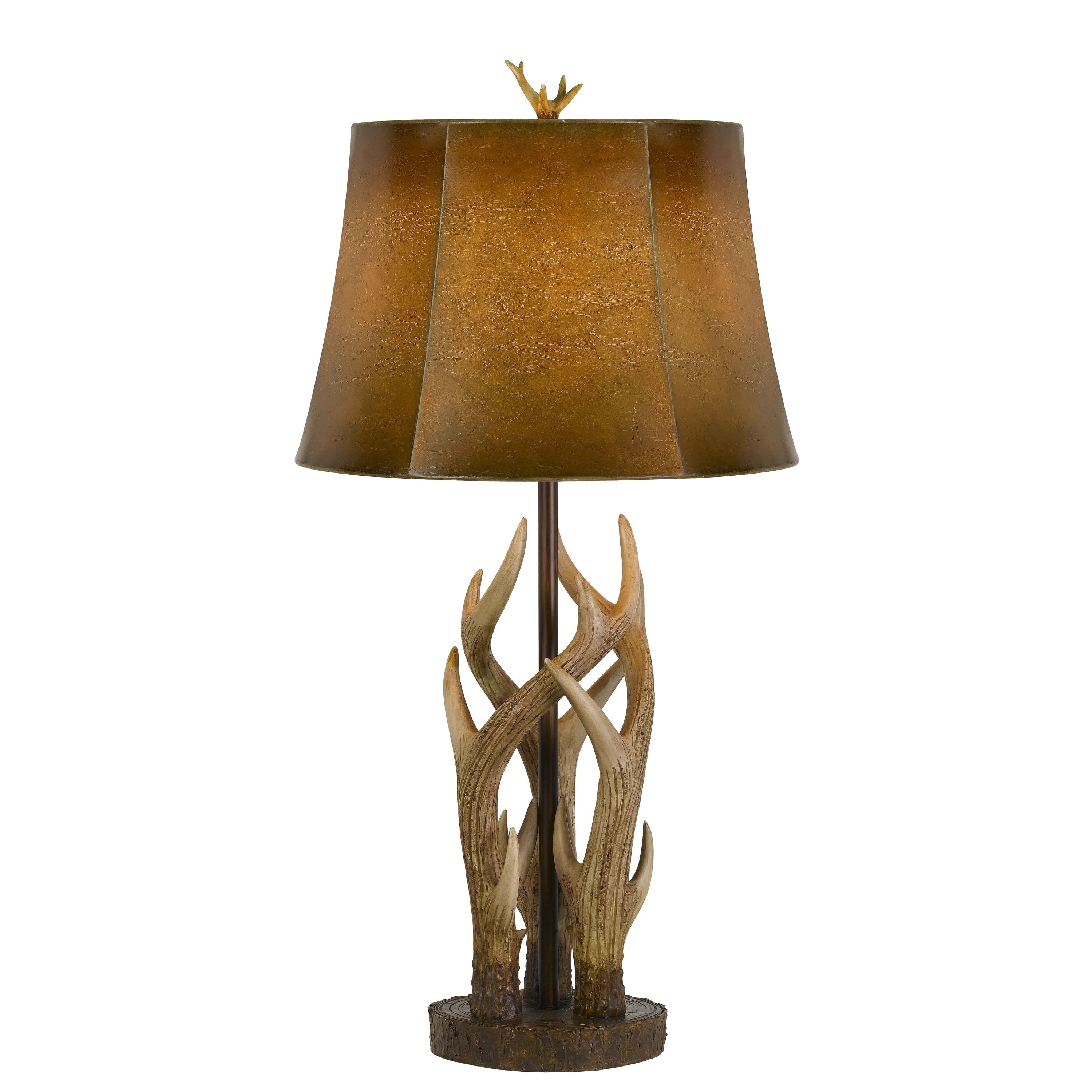 150 Watt Leatherette Shade Table Lamp with Antler Polyresin Base， Brown - Mycitystee
