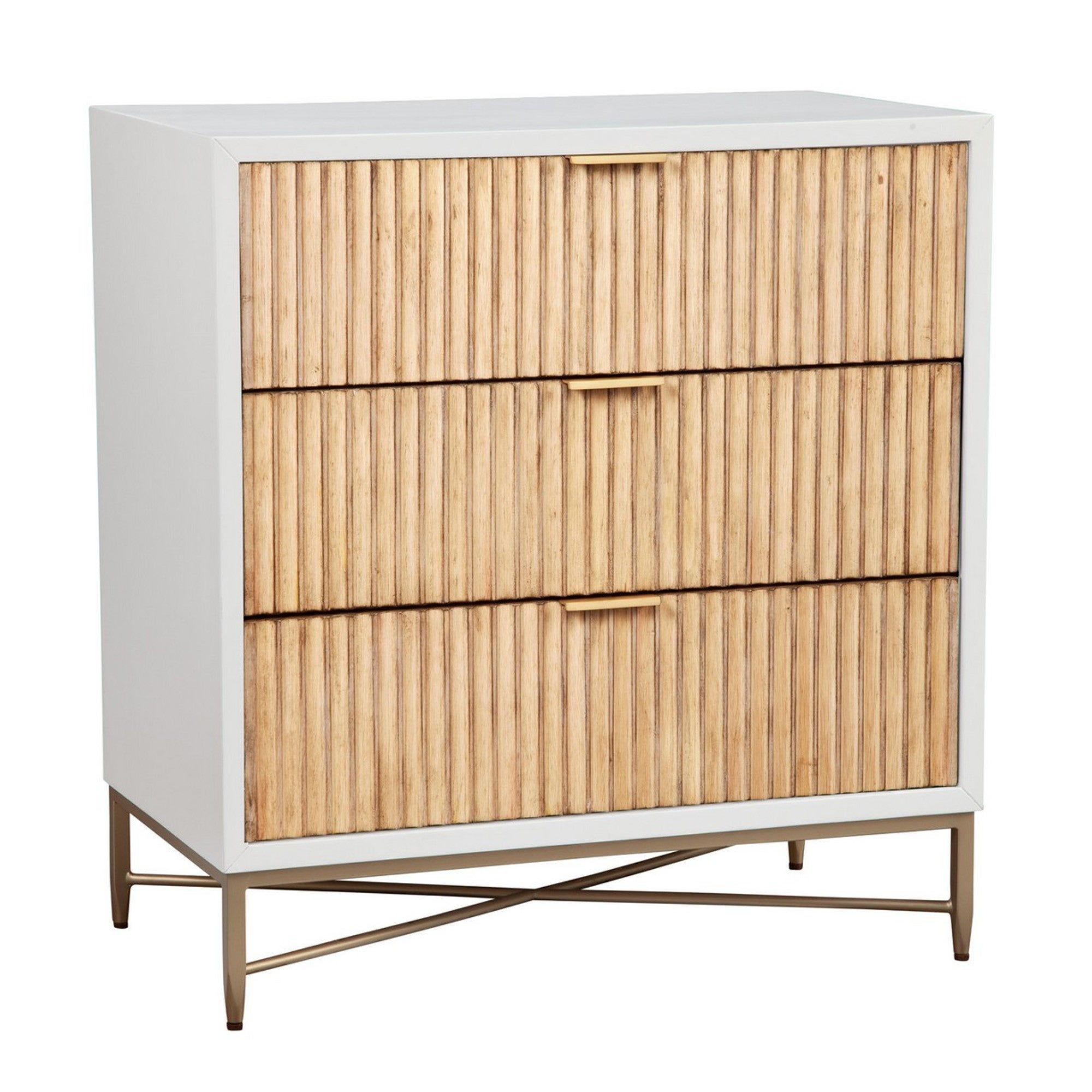 Eli 34 Inch 3 Drawer Small Dresser Nightstand， Corrugated Panels， White， Gold - - 36907738 - Mycitystee