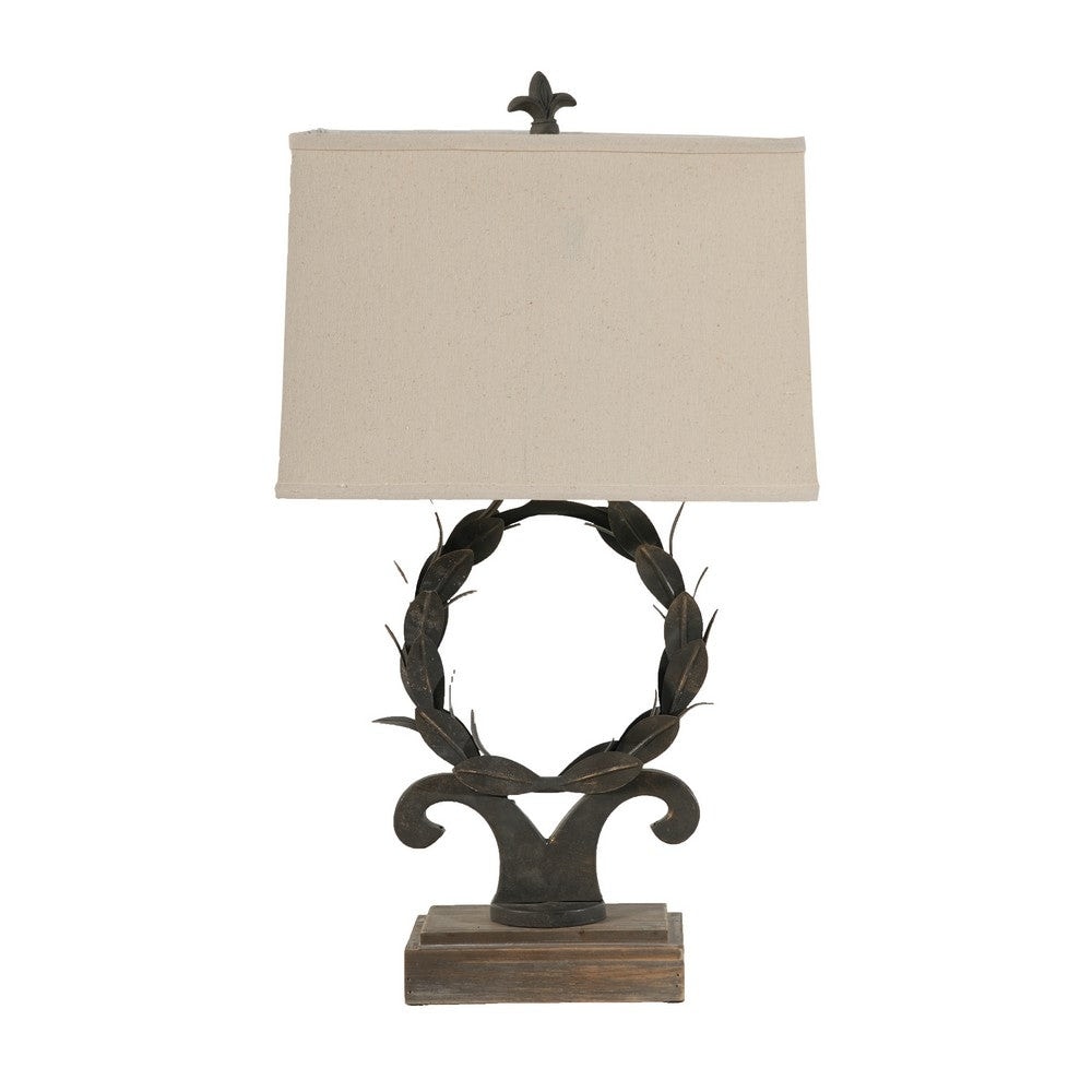 26 Inch Artisanal Table Lamp， Laurel Wreath Iron Frame， Off White， Black - 26 H x 10 W x 15 L Inches - Mycitystee