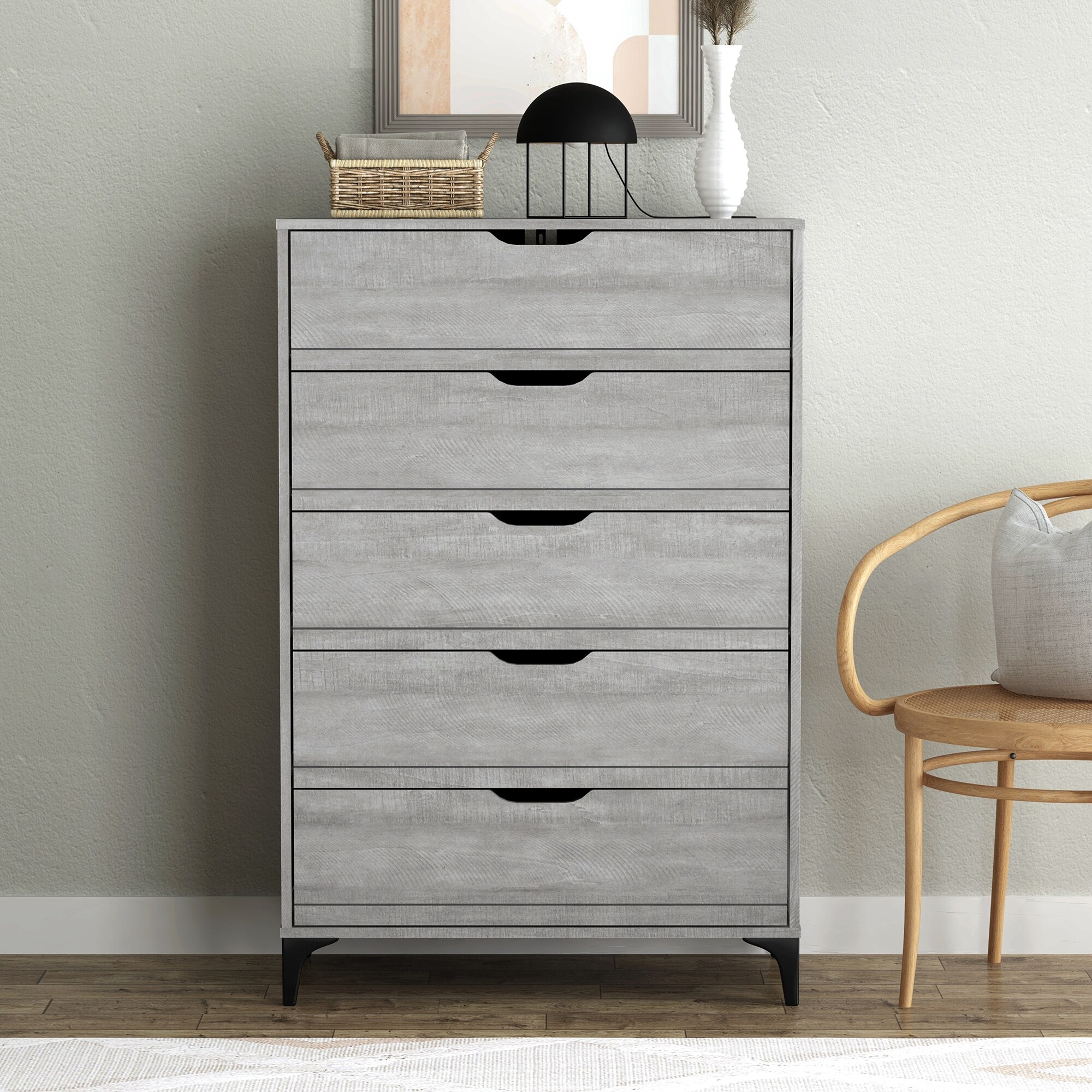 Lilay 5-Drawer Dusty Grey Oak Chest of Drawer (46.4 in. H x 15.6 in. W x 30.7 in. D) - - 37654457 - Mycitystee
