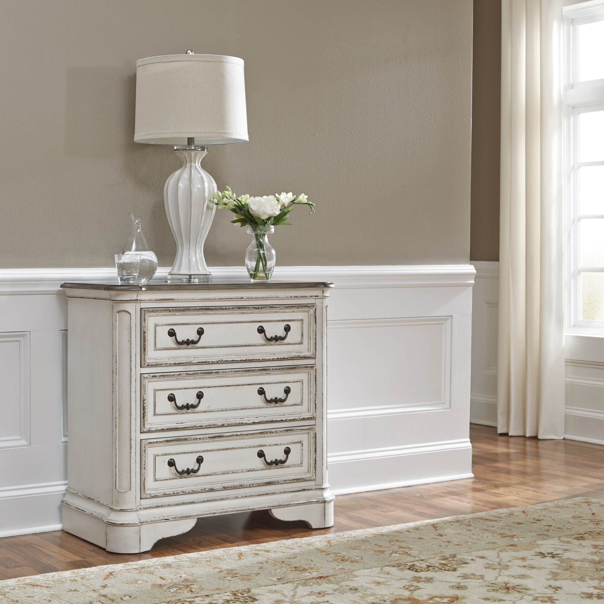 Magnolia Manor Antique White Weathered Bark 3 Drawer Bedside Chest Charging Station - - 20716441 - Mycitystee