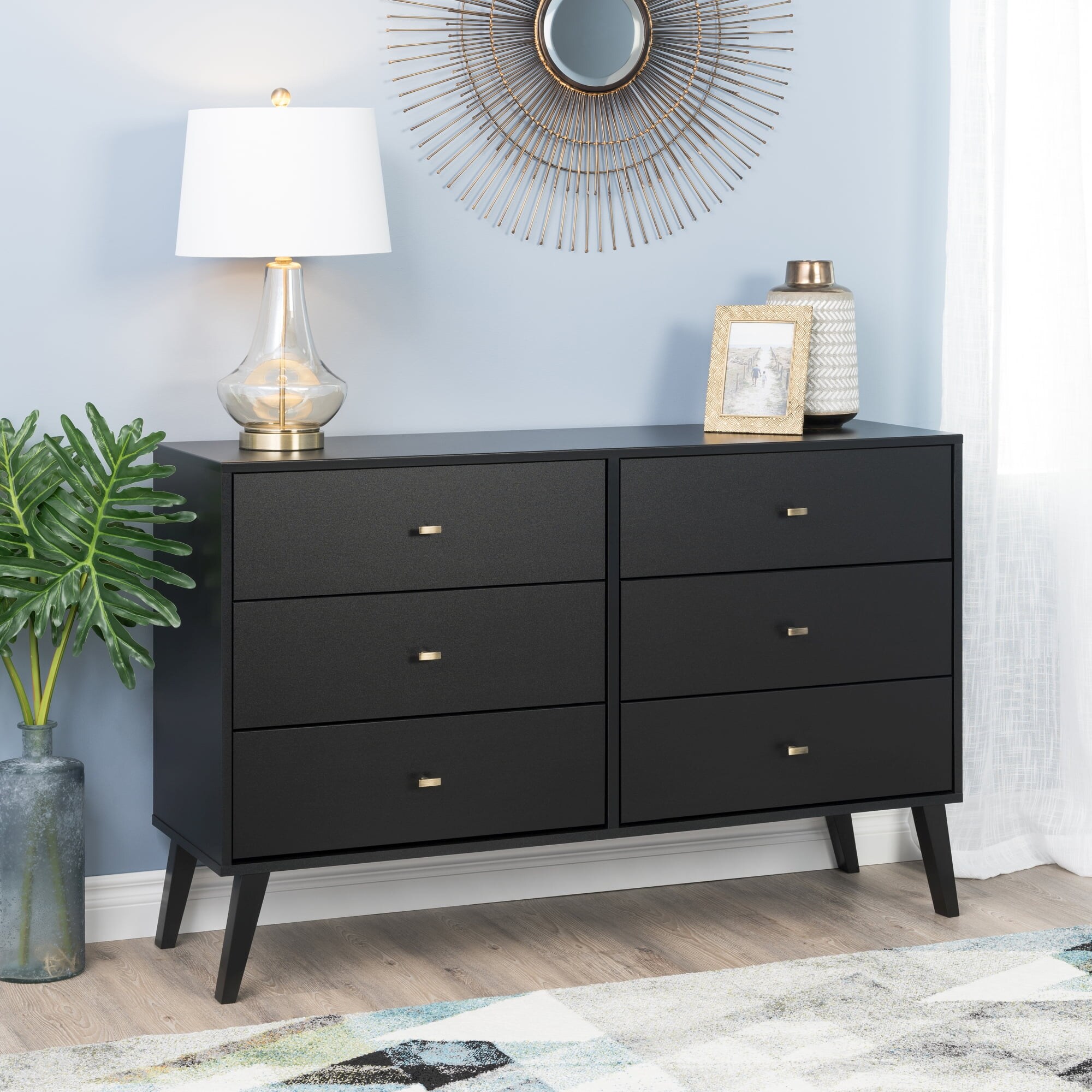 Milo Mid Century Modern 6-Drawer Double Dresser， Black - - 36293849 - Mycitystee