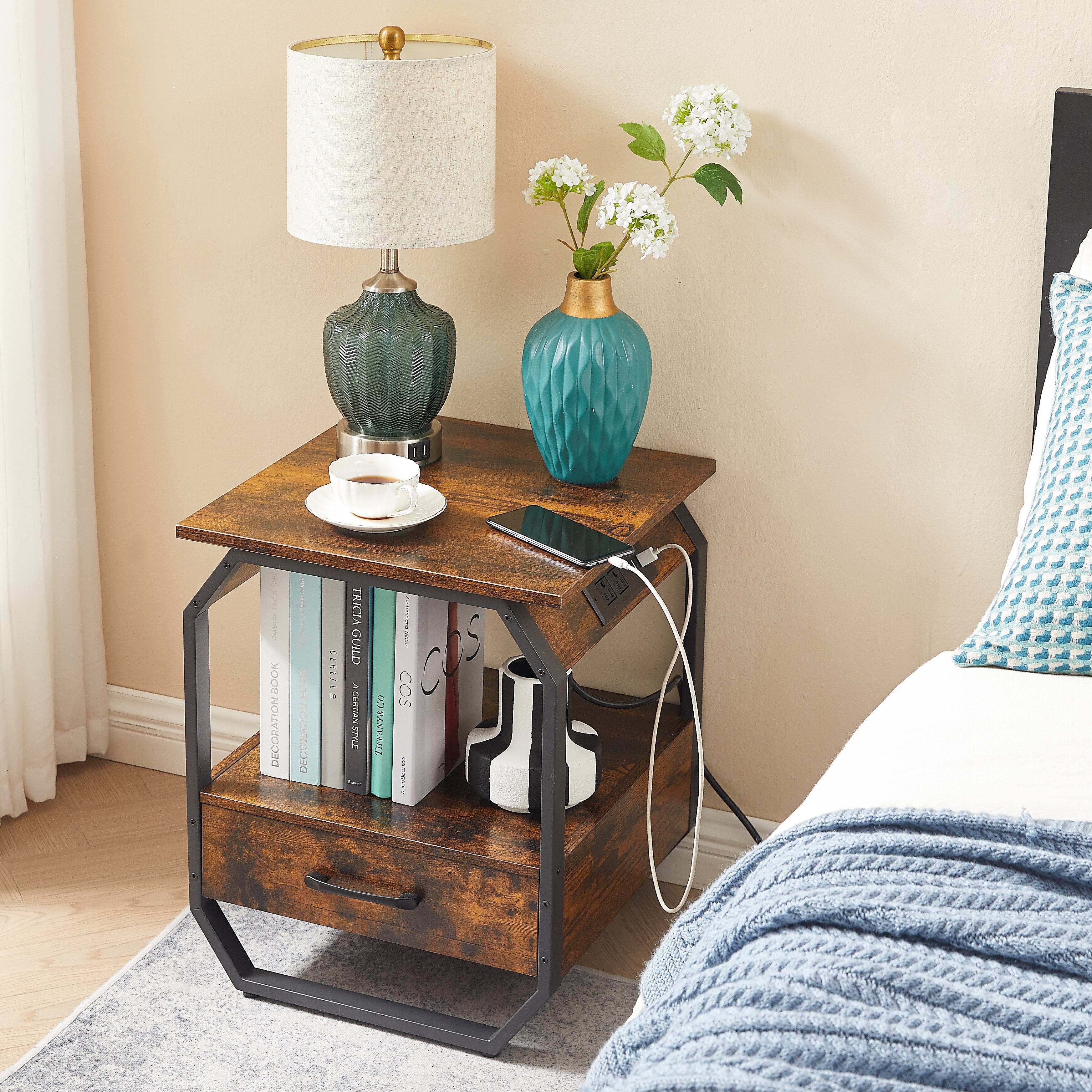 End Table with Charging Station， Side Table with USB Ports and Outlets - 17.3’’W*17.9’’D*21.2’’H - Mycitystee