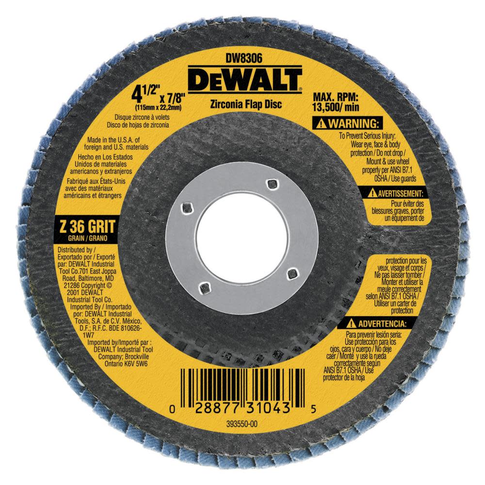 DEWALT 4-1/2-in x 7/8-in 36 Grit Zirconia Flap Disc DW8306 from DEWALT - Mycitystee