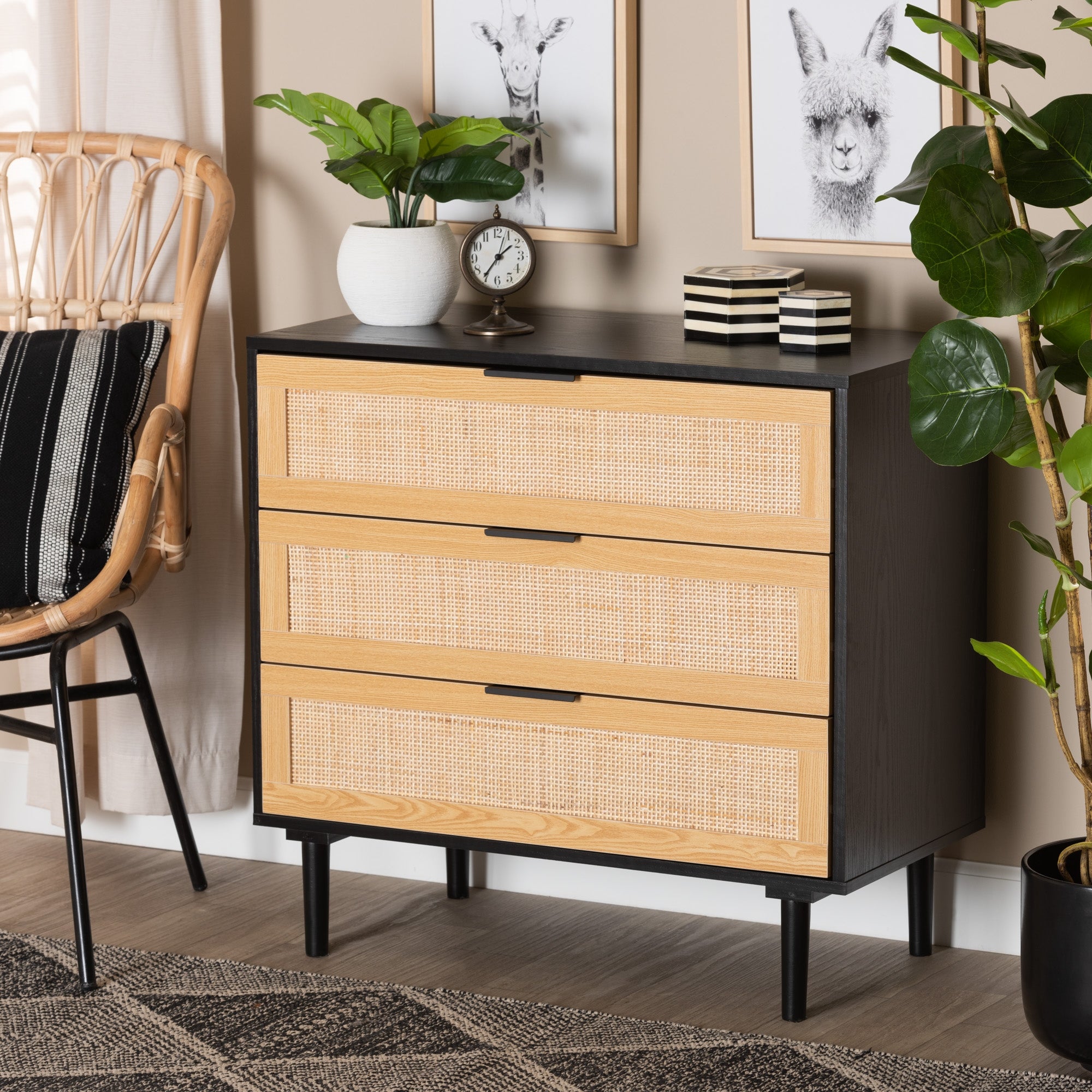 Maureen Mid-Century Modern Espresso Brown Wood and Rattan 3-Drawer Cabinet - - 36118441 - Mycitystee