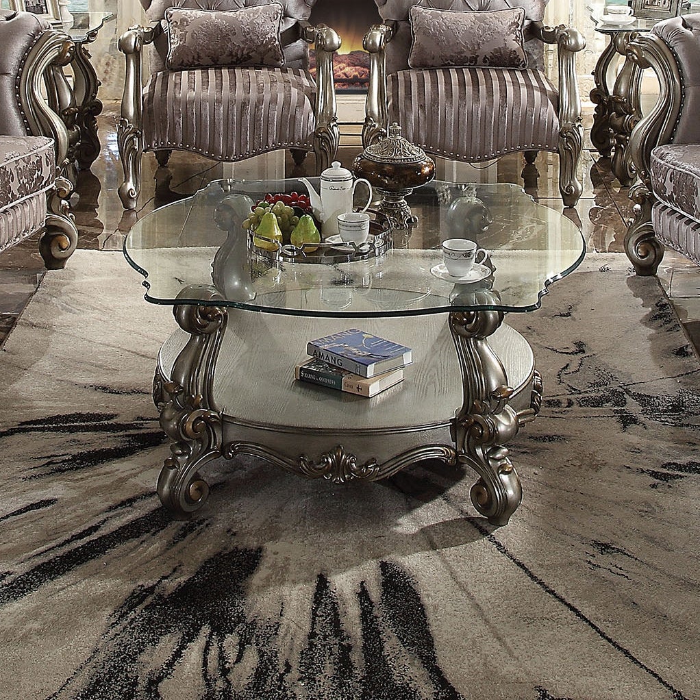 ACME Versailles Antique Platinum and Glass Coffee Table - Mycitystee