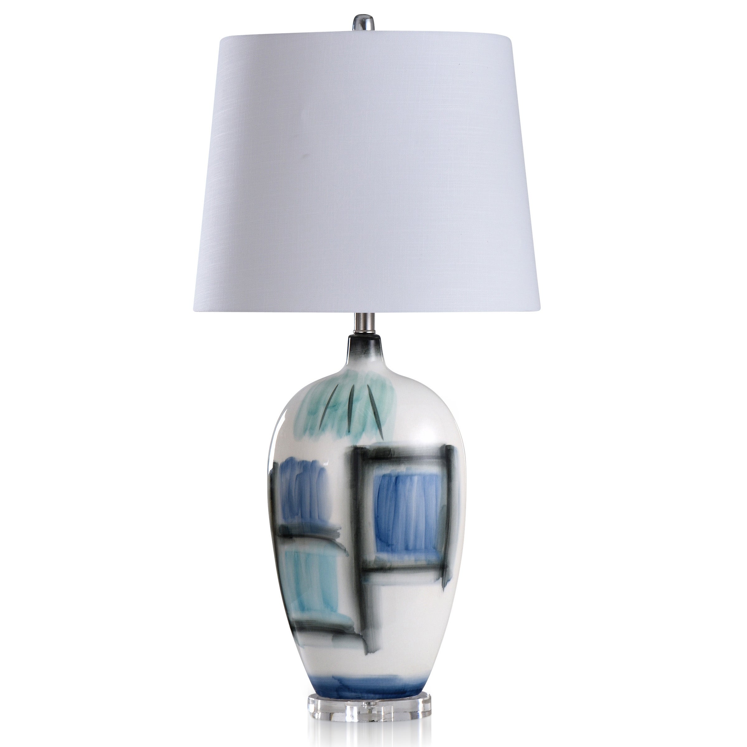Rosalind - Patch Painted Ceramic Body Table Lamp With Clear Acrylic Base - Blue， White， Black - White Shade - Mycitystee