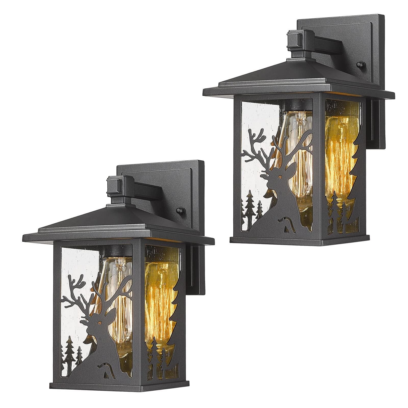 Modern 2 Pack Outdoor Wall Lights for House， Deer Pattern Decoration Seeded Glass Shades， Black Finish， Shopping - The Best Deals on Outdoor Barn Ligh - Mycitystee