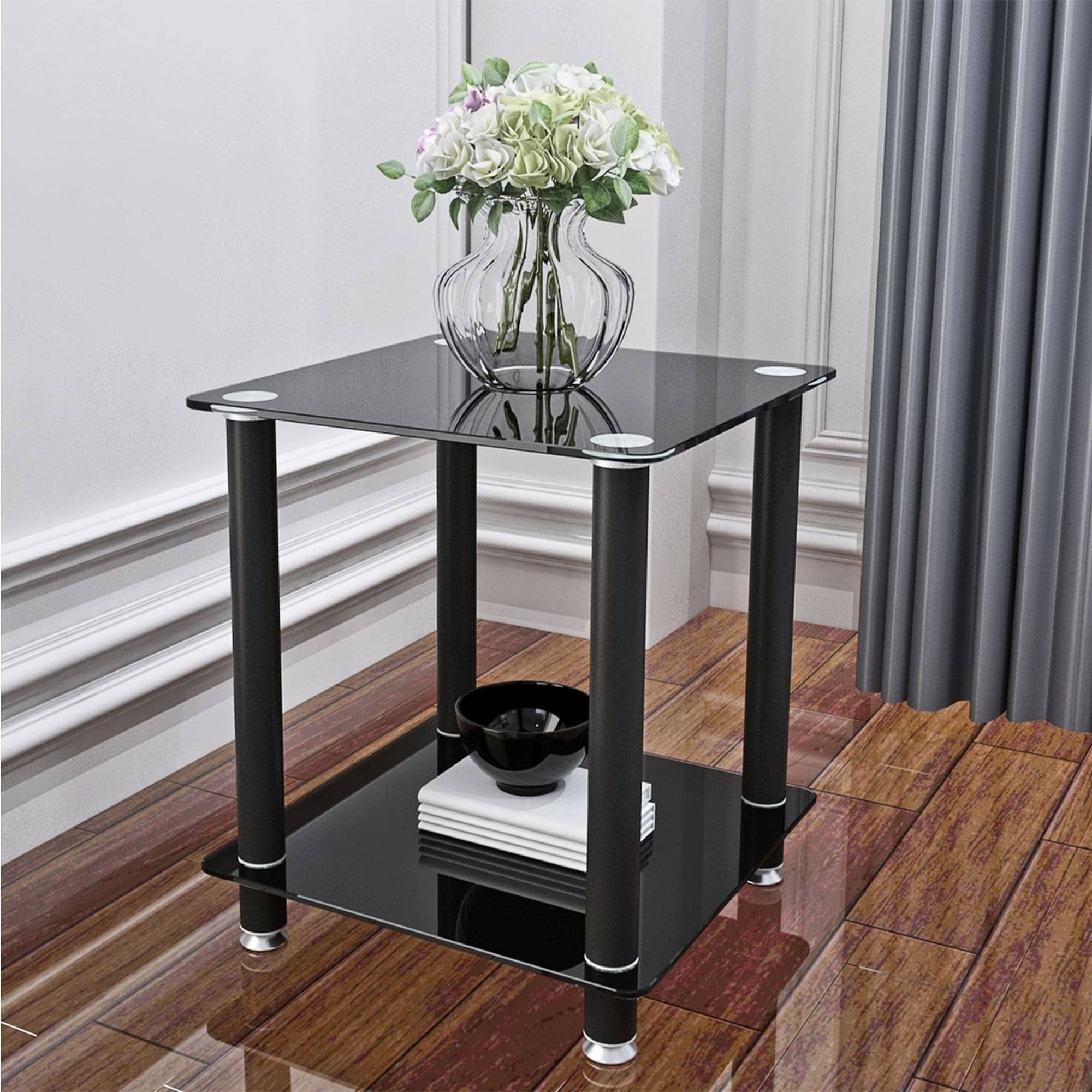 2-tiers Storage End Table Set of 2 Rectangle Side Table with Metal Tube Legs Sofa Table with Tempered Glass Tabletop - Mycitystee