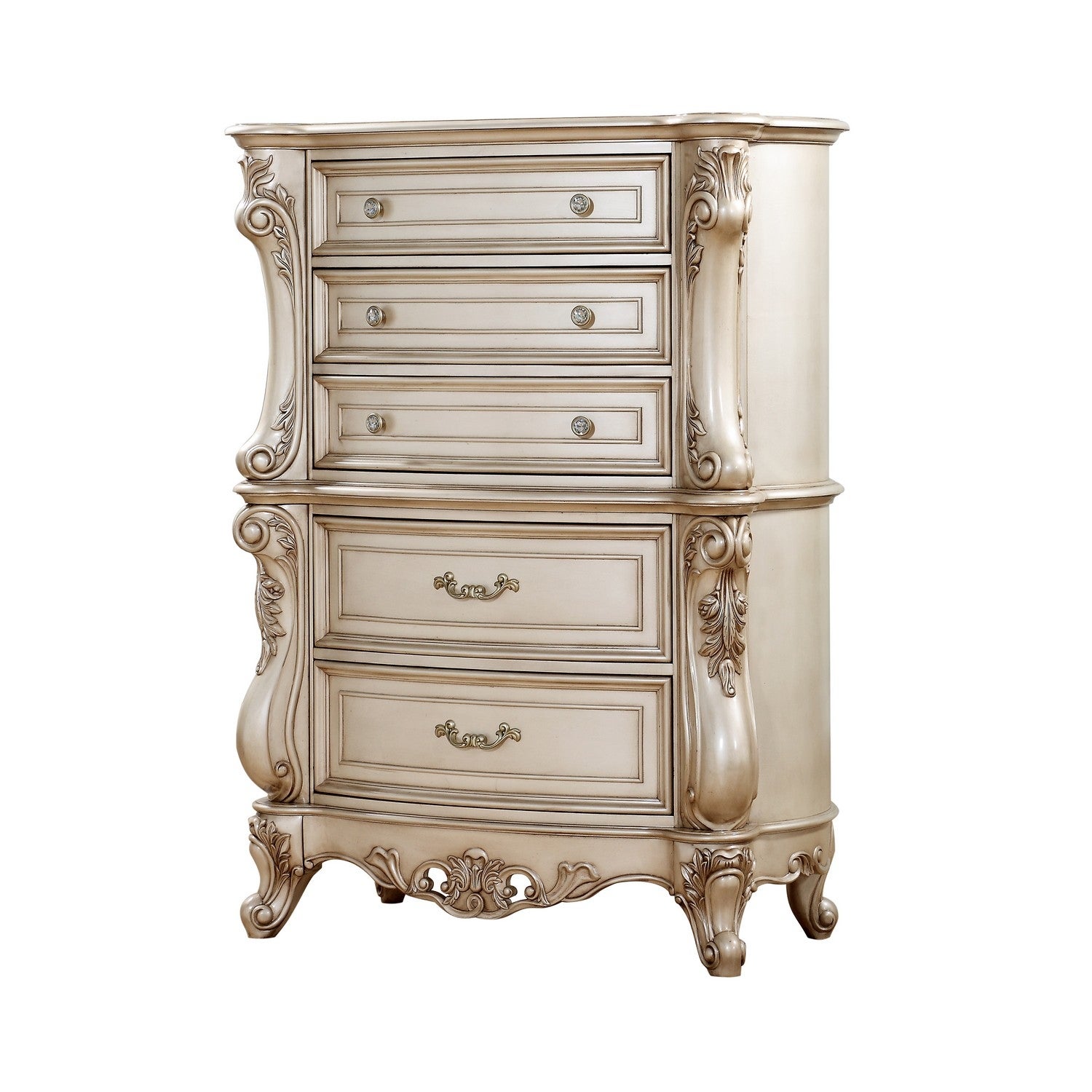 Carved Wooden Chest with 5 Storage Drawers and Marble Top， Antique White - - 31491778 - Mycitystee