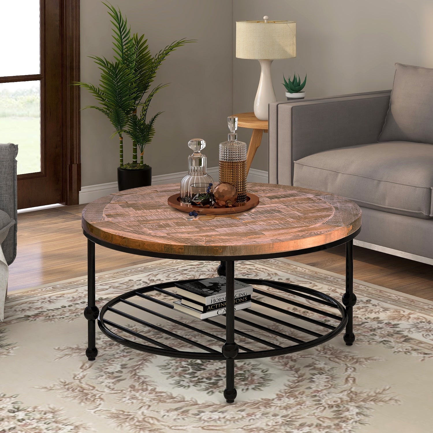 Rustic Natural Round Coffee Table with Storage Shelf - Mycitystee