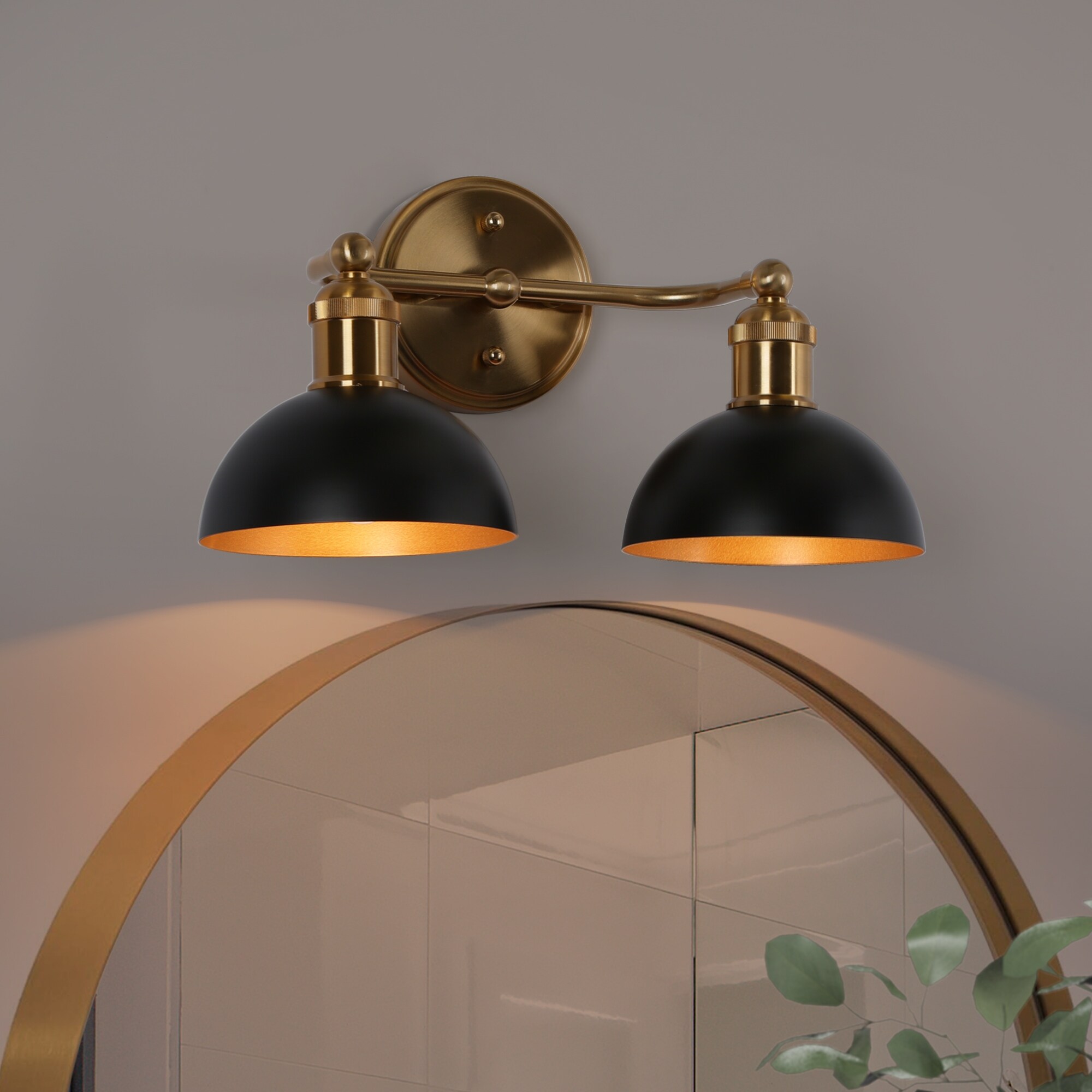 2-Light Modern Industrial Black Gold Bathroom Vanity Light with Metal Shades - 14.5