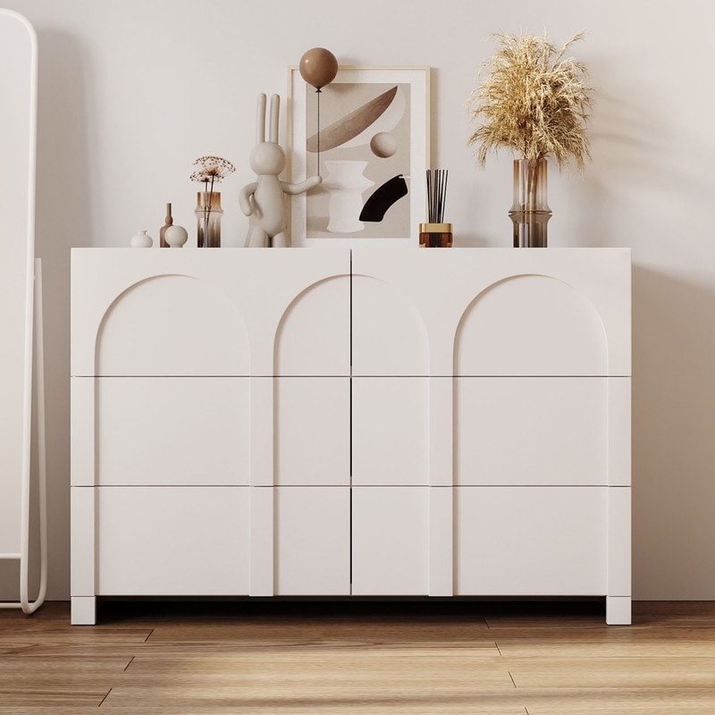 White French Style 6 Drawer Double Dresser， Rubber Wood Accent Storage Cabinet with Arch Door， Closet Chest of Drawers - - 37838436 - Mycitystee