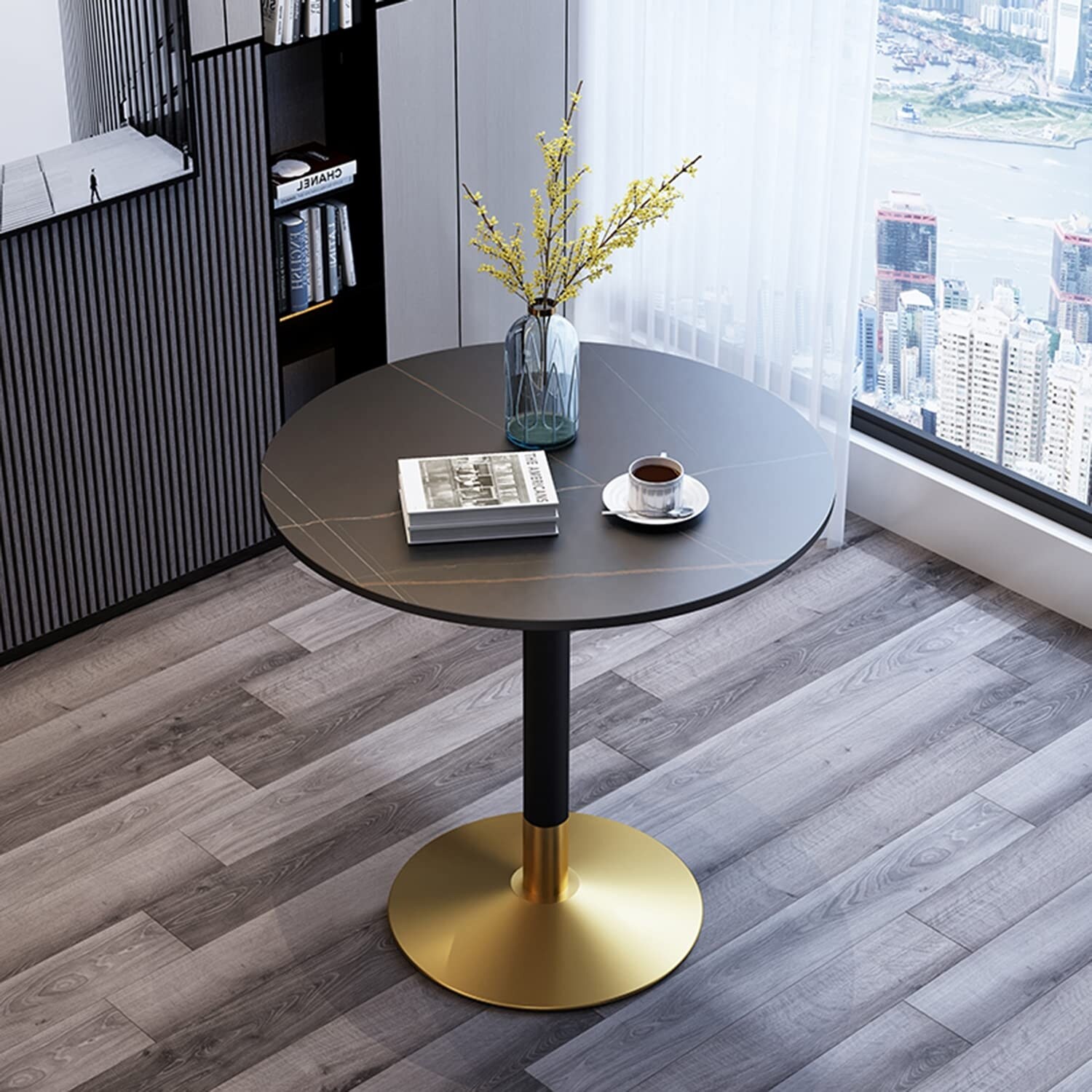 Marble Coffee Table， Round Office End Tables with Metal Base，Marble Sofa Side Table for Living Room Reception Room (Black+Gold) - Mycitystee