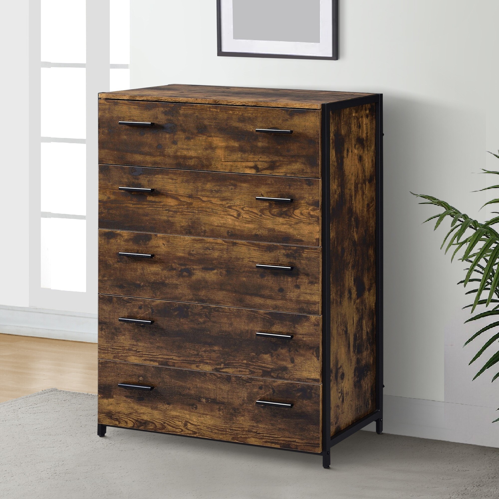 Nat 48 Inch Rustic Wood Chest， 5 Drawers， Brown and Black - - 36089605 - Mycitystee