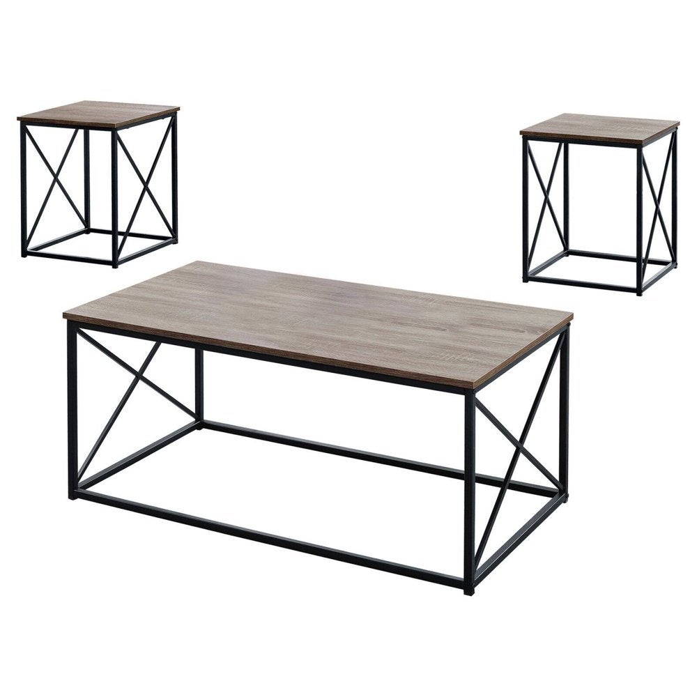 Table Set， 3pcs Set， Coffee， End， Side， Accent， Living Room， Metal， Laminate， Brown， Black， Contemporary， Modern - Mycitystee