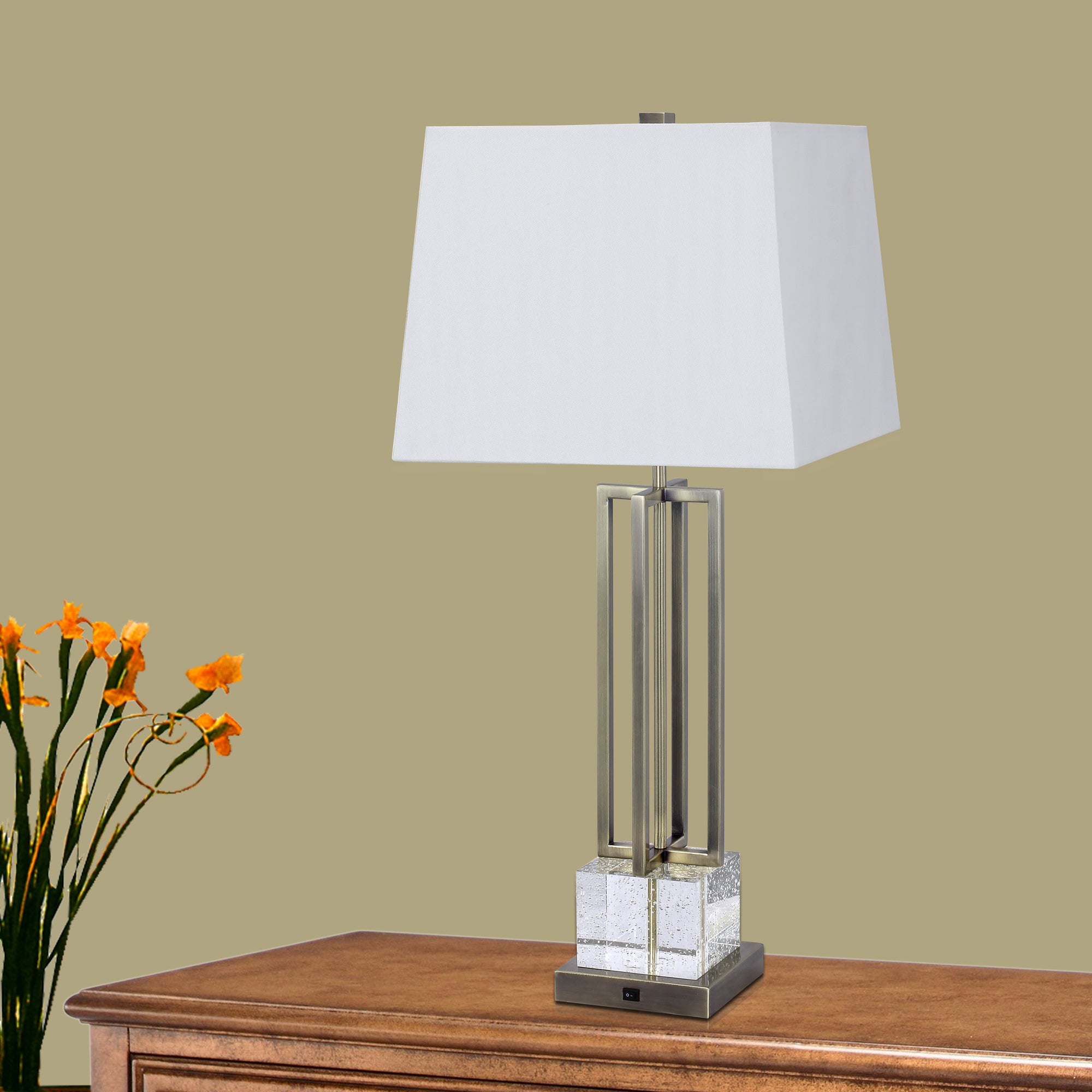 30-inch Crystal and Antique Brass Metal Table Lamp with LED Night Light - Mycitystee