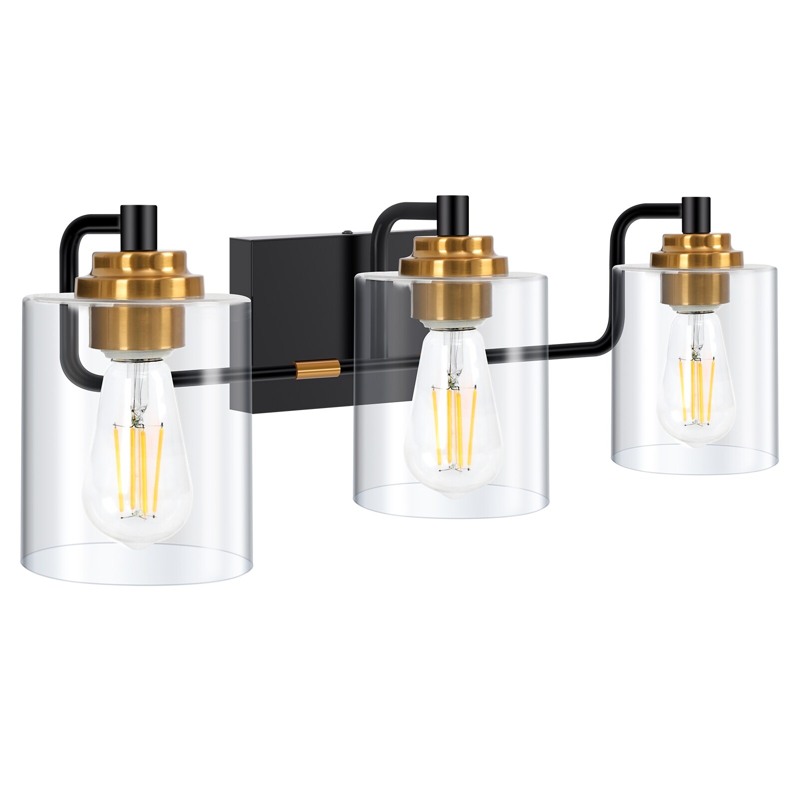 Black and Brass Finish 3-Light Modern Vanity Light with Clear Glass Shades - 22.8 in. W x 6.9 in. D x 7.7 in. H - Mycitystee