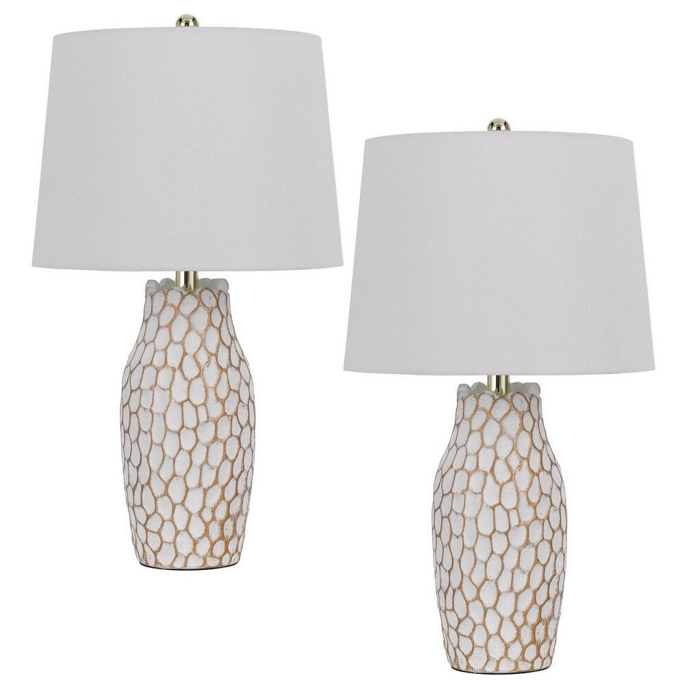 23 Inch Set of 2 Ceramic Accent Table Lamp， Hammered Base， White， Gold - Mycitystee