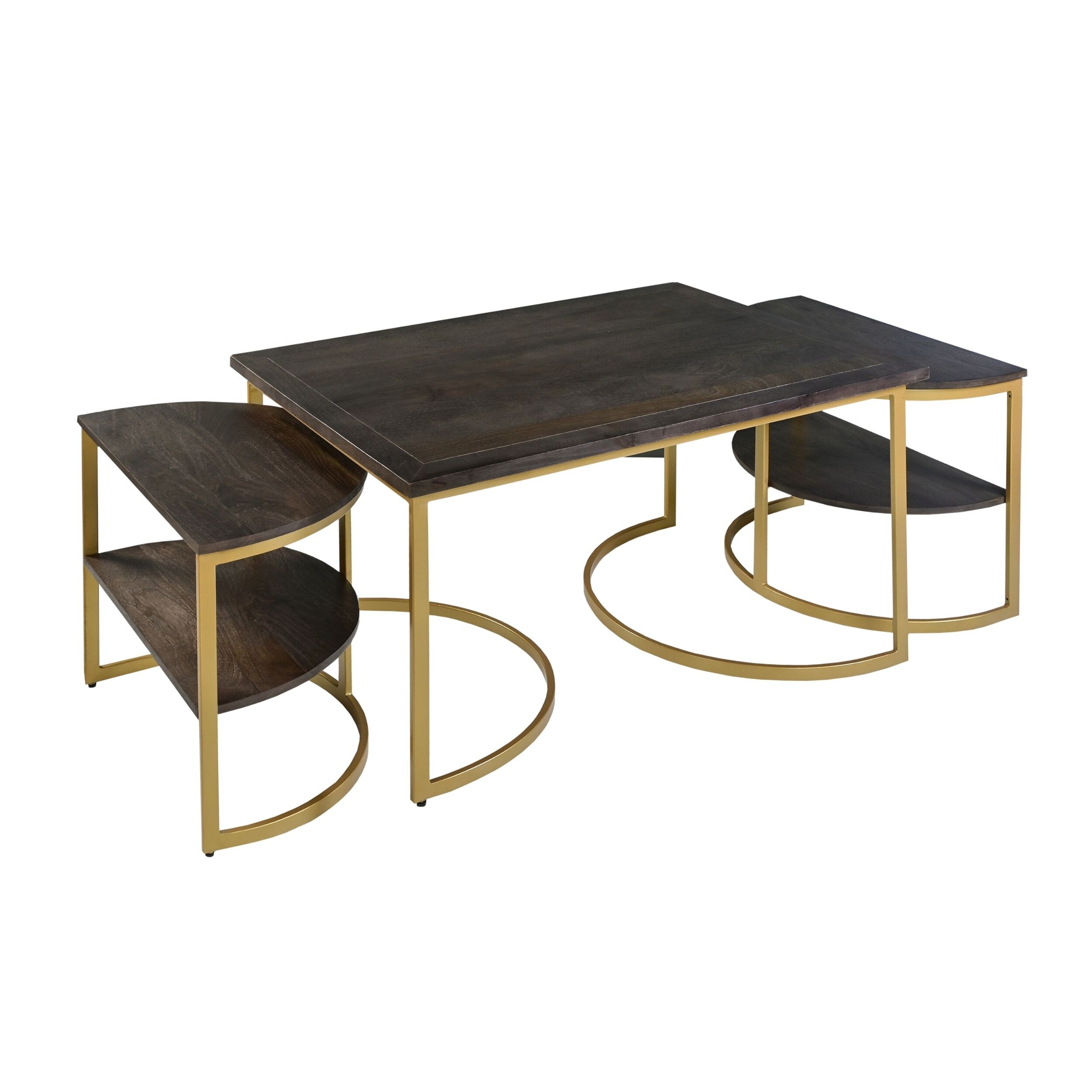 38 Inch Rectangle Metal Nesting Coffee Table - 3 Pcs Set for iving Room， Home， Office， Dark Brown， Gold - Mycitystee